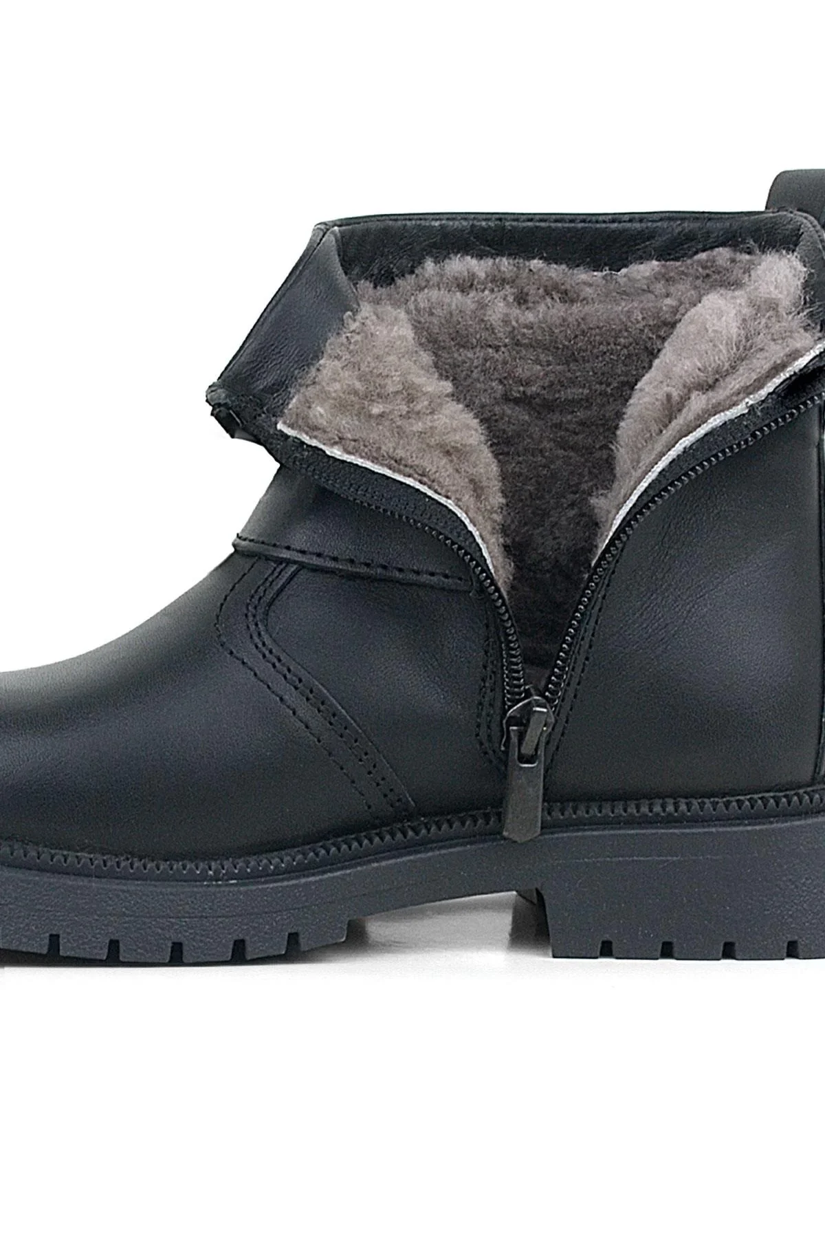 Gerçek Kürklü Hakiki Deri Siyah Fermuarlı Çocuk Bot