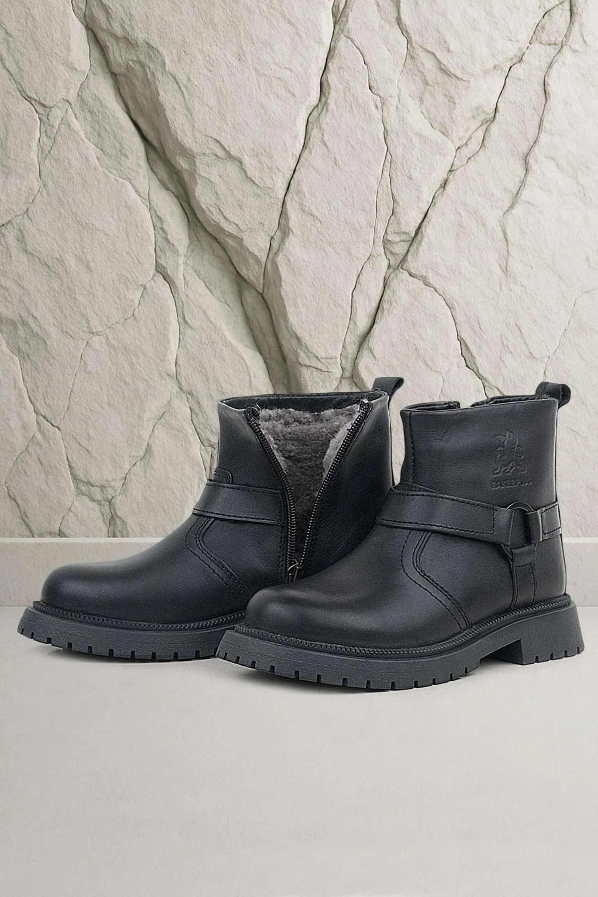 Gerçek Kürklü Hakiki Deri Siyah Fermuarlı Çocuk Bot