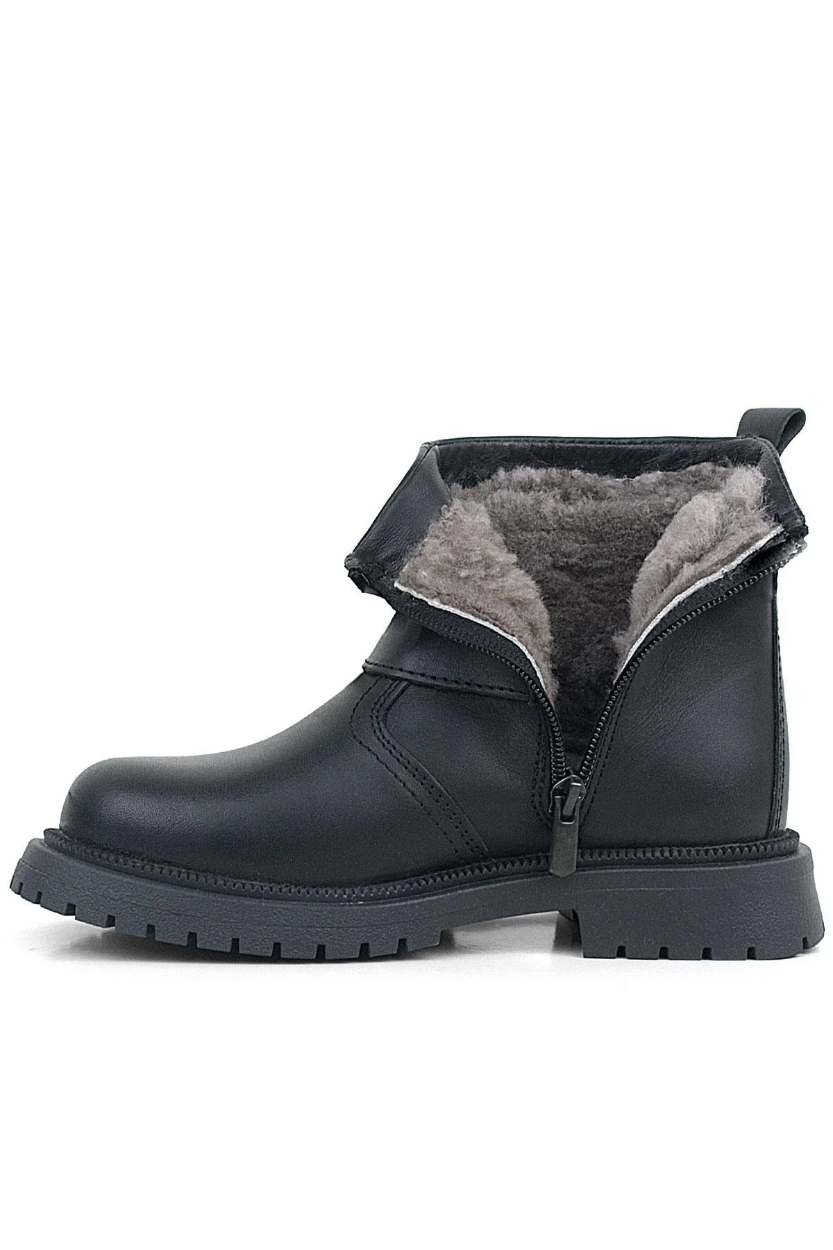 Gerçek Kürklü Hakiki Deri Siyah Fermuarlı Çocuk Bot