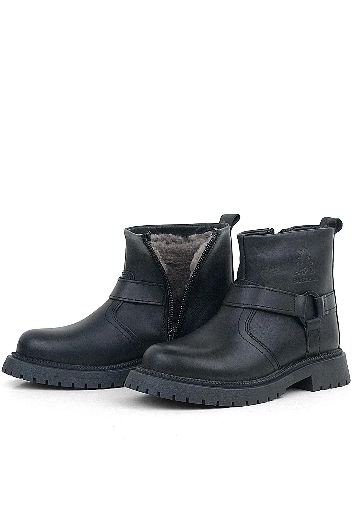 Gerçek Kürklü Hakiki Deri Siyah Fermuarlı Çocuk Bot