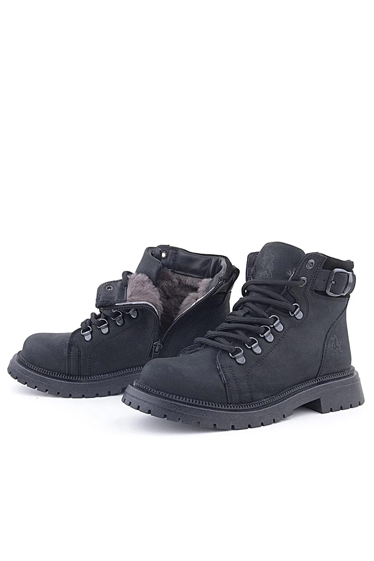 Gerçek Kürklü Hakiki Deri Siyah Nubuk Bağcıklı Fermuarlı Çocuk Kar Botu