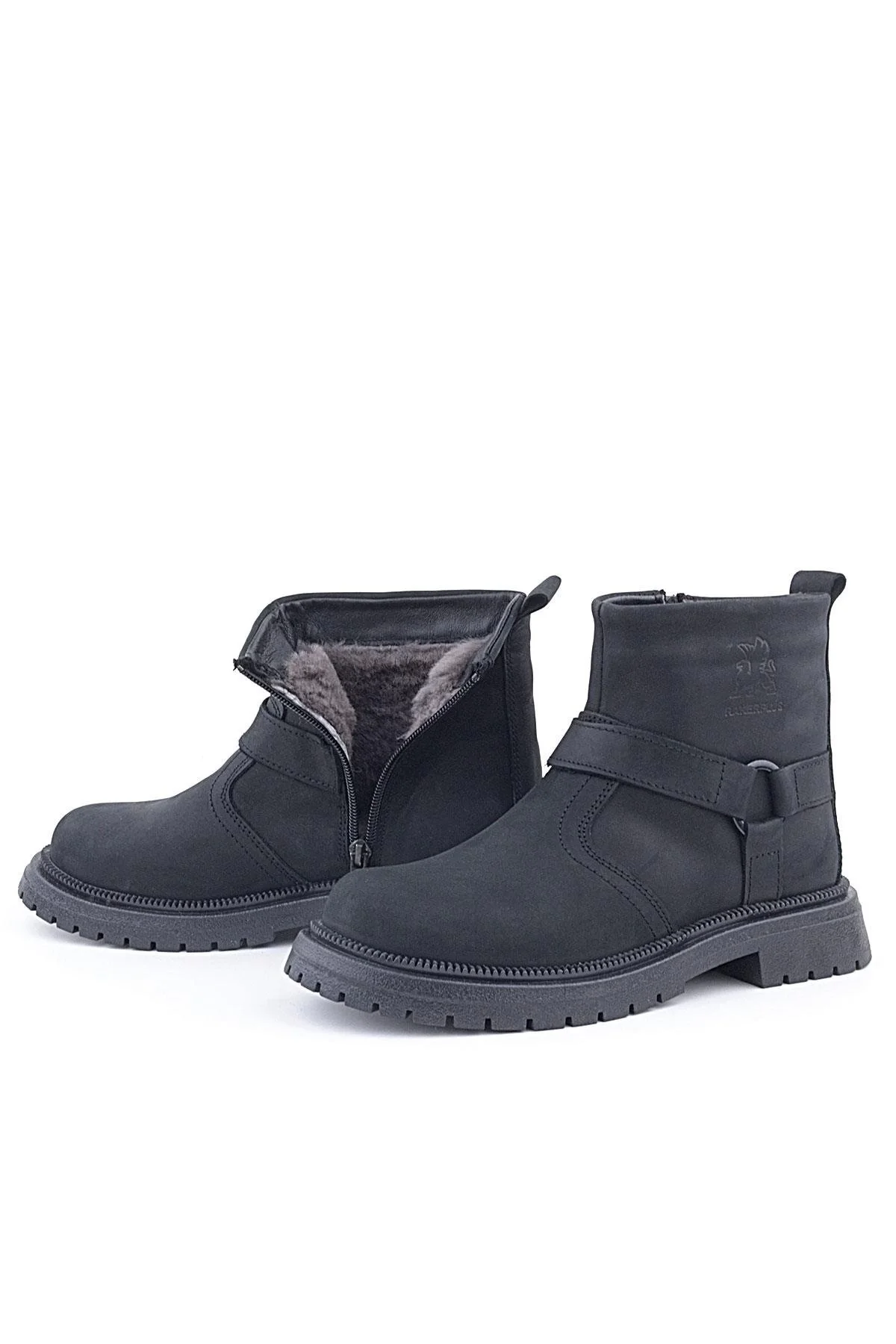 Gerçek Kürklü Hakiki Deri Siyah Nubuk Fermuarlı Çocuk Bot
