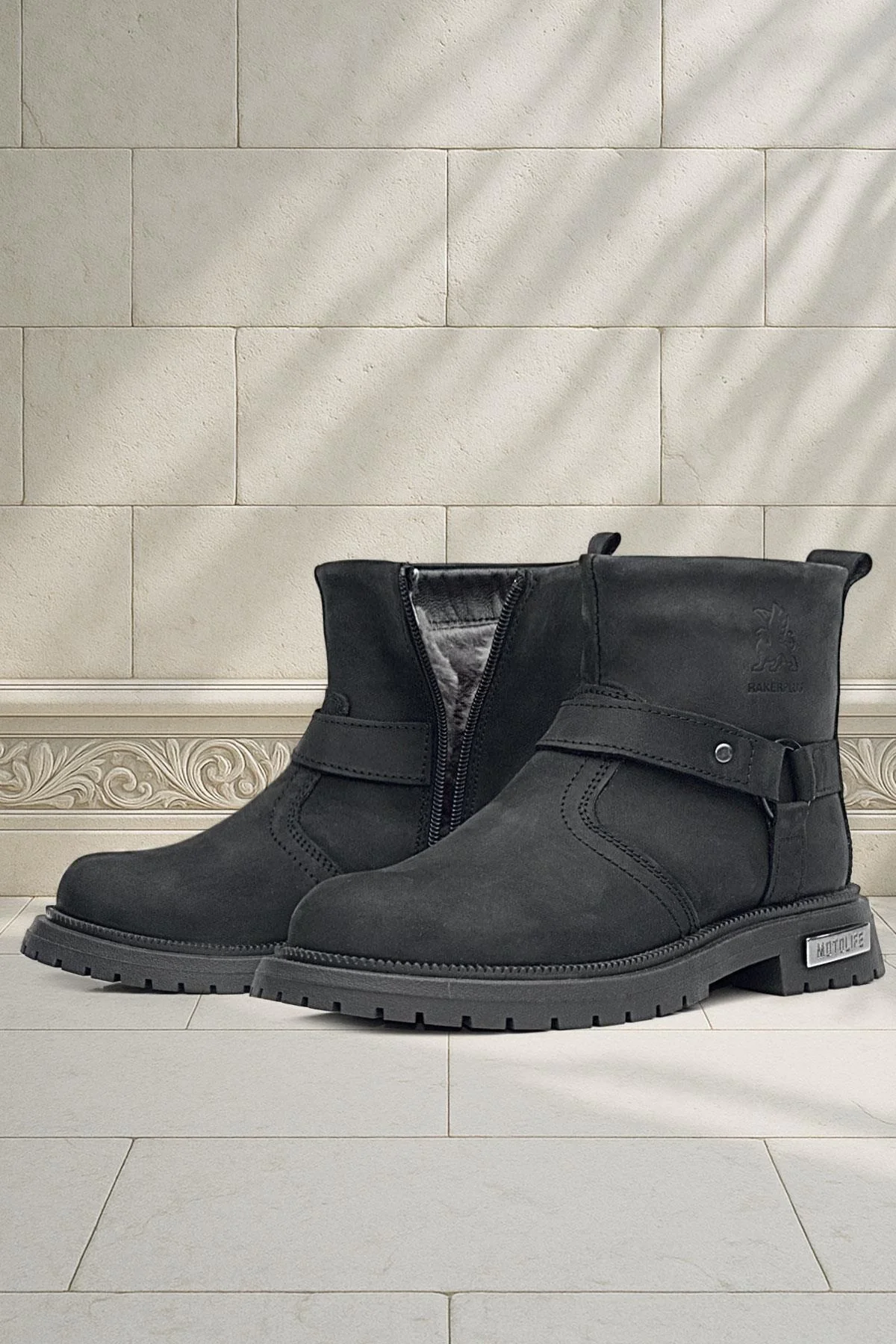 Gerçek Kürklü Hakiki Deri Siyah Nubuk Metal Detaylı Fermuarlı Çocuk Bot