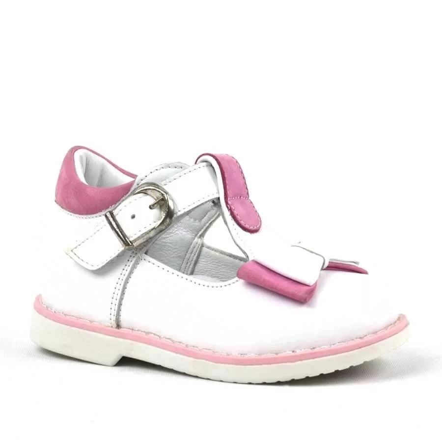 Hakiki Deri Beyaz Pembe Fiyonklu Kız Bebek Çocuk Sandalet Ayakkabı