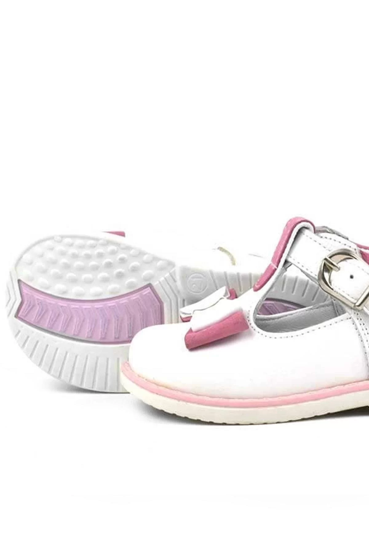 Hakiki Deri Beyaz Pembe Fiyonklu Kız Bebek Çocuk Sandalet Ayakkabı