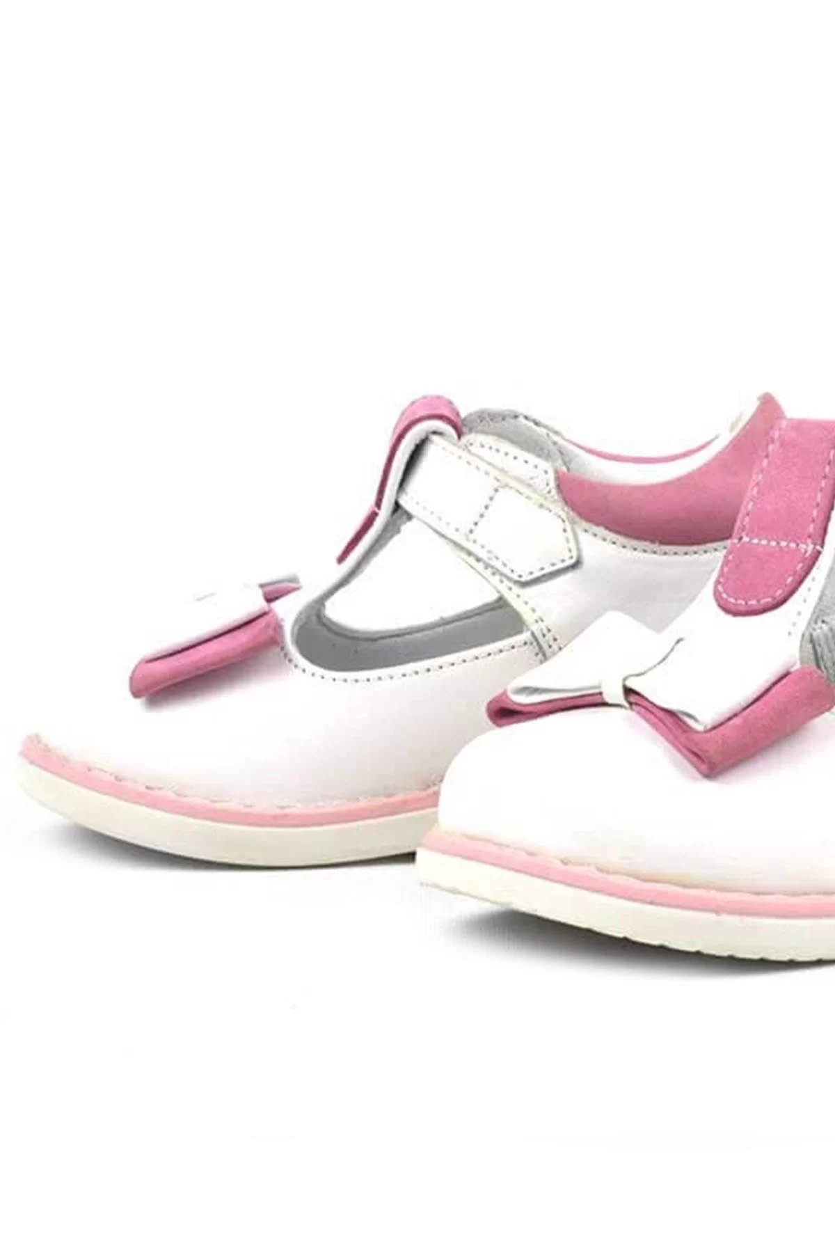 Hakiki Deri Beyaz Pembe Fiyonklu Kız Bebek Çocuk Sandalet Ayakkabı