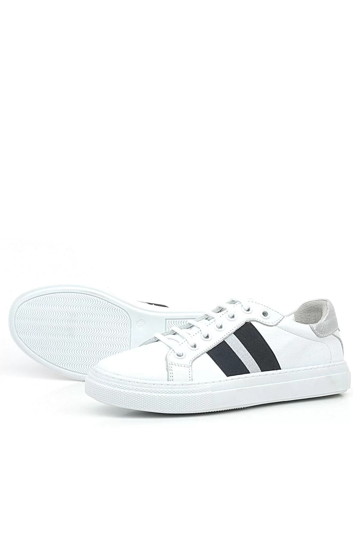 Hakiki Deri Beyaz Siyah Desenli Kadın Sneaker Ayakkabı