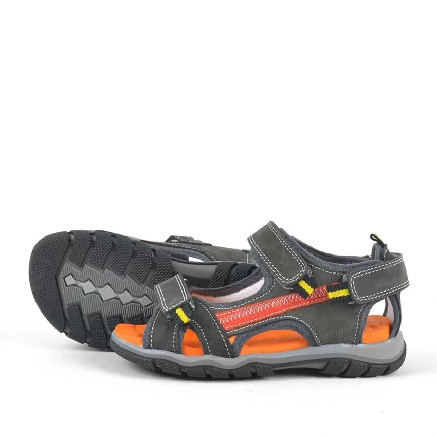 Hakiki Deri Gri Cırtlı Erkek Çocuk Outdoor Sandalet