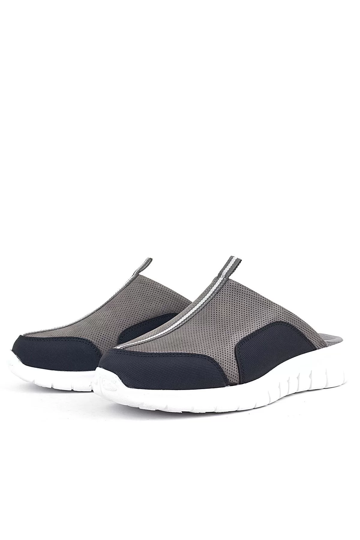 Hakiki Deri Gri Siyah Comfort Spor Terlik