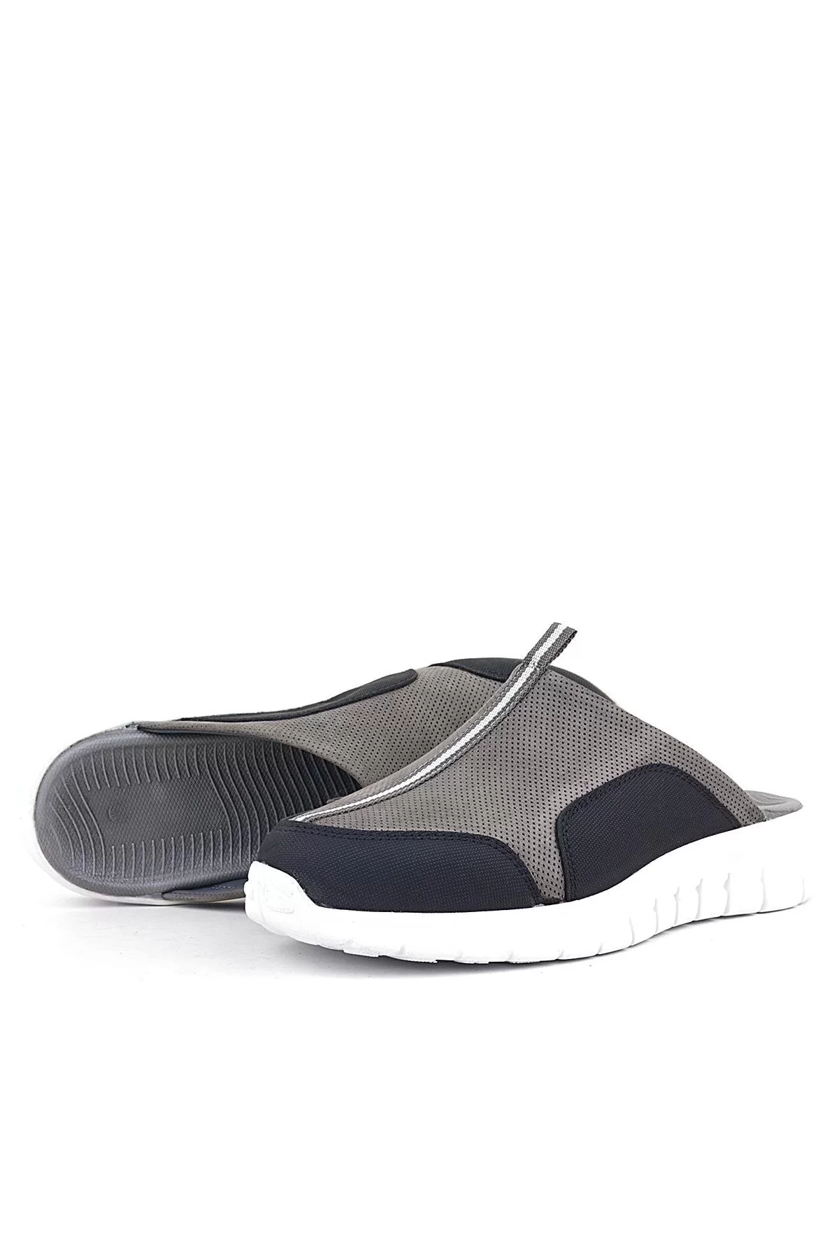 Hakiki Deri Gri Siyah Comfort Spor Terlik