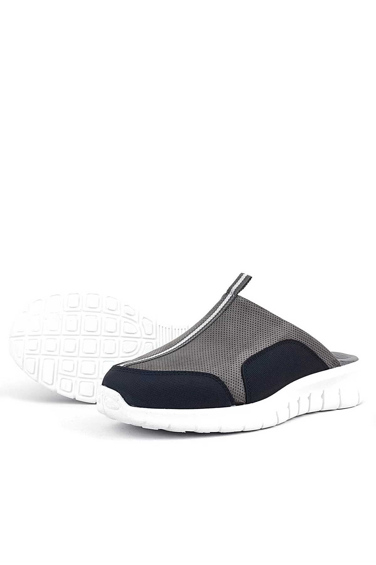 Hakiki Deri Gri Siyah Comfort Spor Terlik