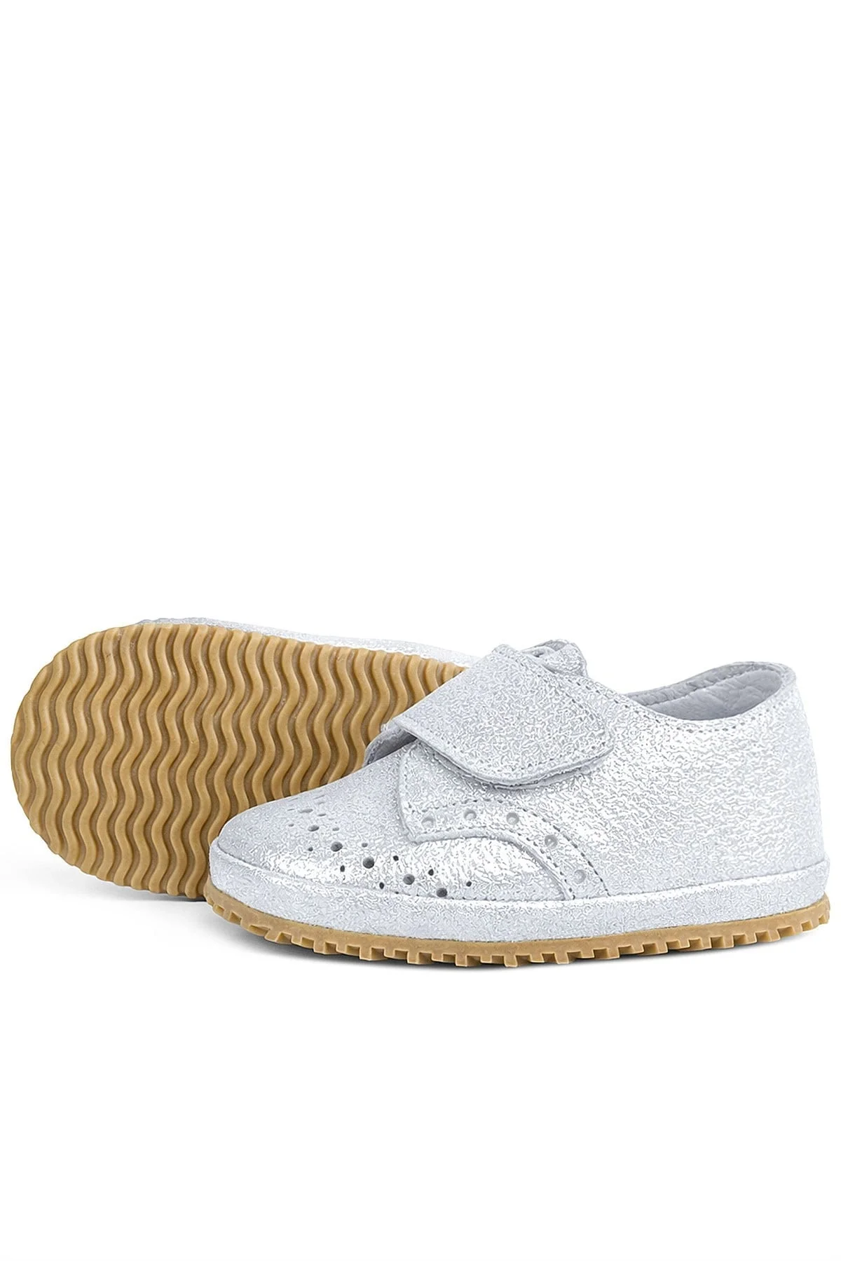 Hakiki Deri Gümüş Gri Cırtlı Bebek Patik Ayakkabı