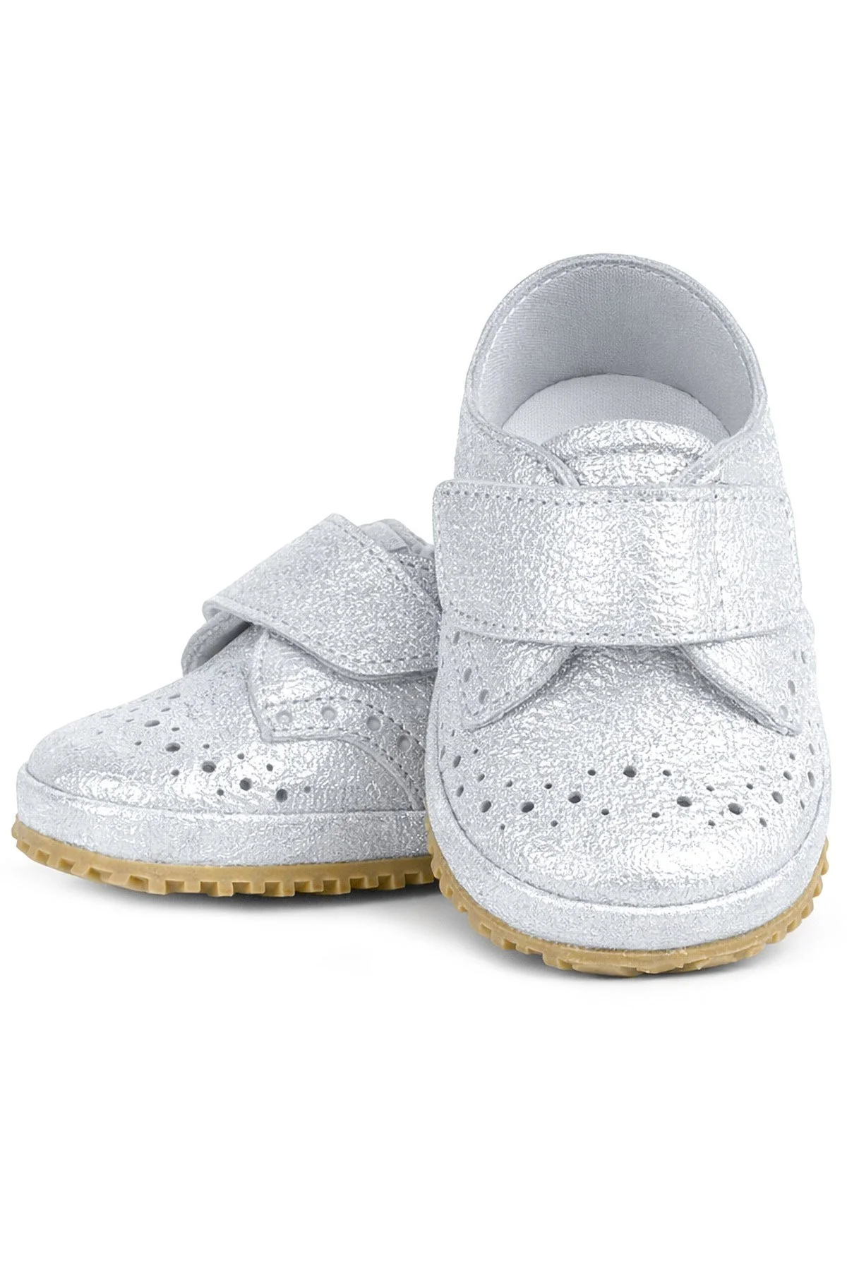 Hakiki Deri Gümüş Gri Cırtlı Bebek Patik Ayakkabı