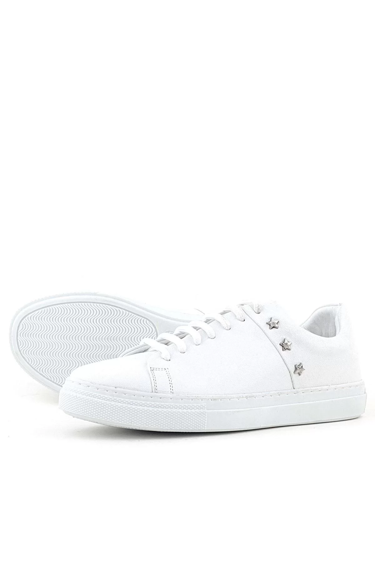 Hakiki Deri Kadın Beyaz Bağcıklı Yıldızlı Sneaker Ayakkabı