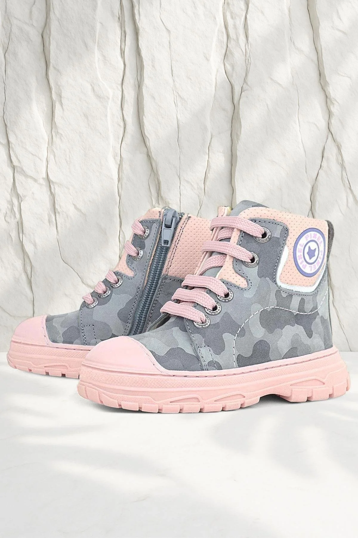 Hakiki Deri Pixel Gri Pudra Kamuflaj Desenli Kız Çocuk Bot