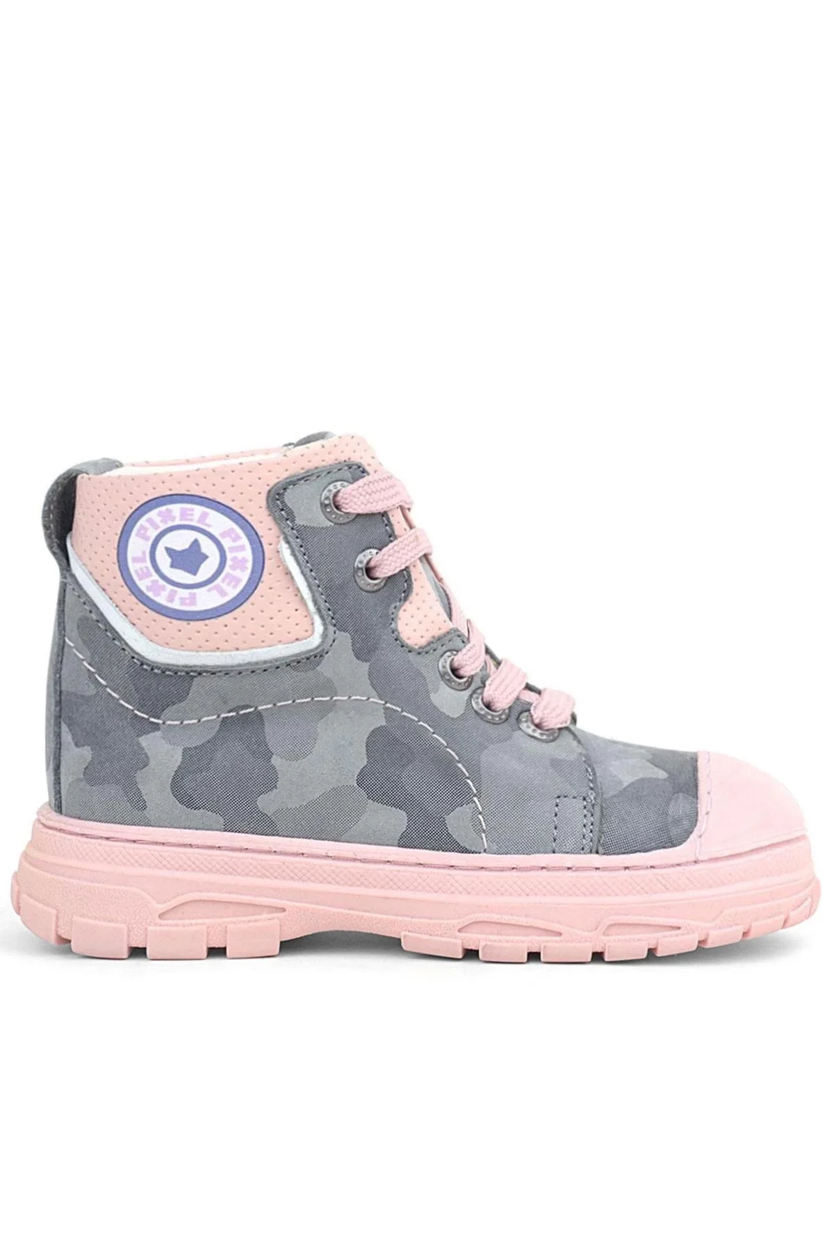 Hakiki Deri Pixel Gri Pudra Kamuflaj Desenli Kız Çocuk Bot