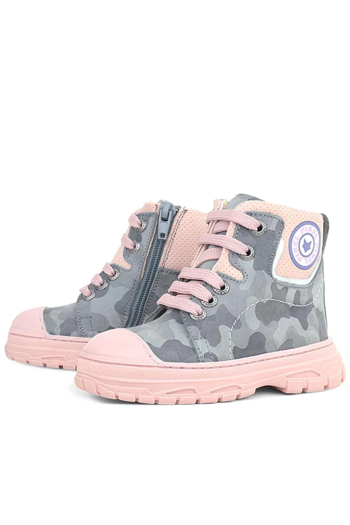 Hakiki Deri Pixel Gri Pudra Kamuflaj Desenli Kız Çocuk Bot