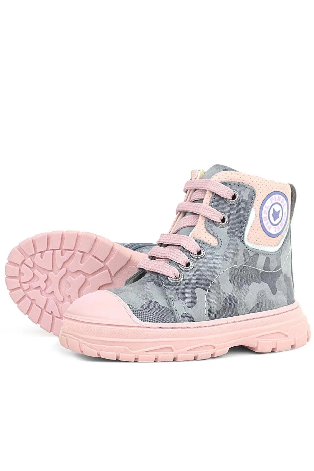 Hakiki Deri Pixel Gri Pudra Kamuflaj Desenli Kız Çocuk Bot