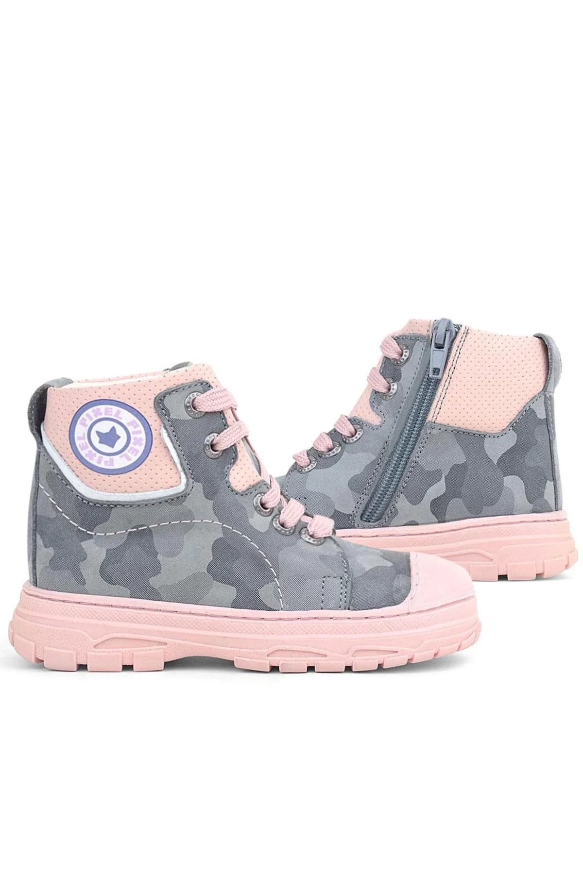 Hakiki Deri Pixel Gri Pudra Kamuflaj Desenli Kız Çocuk Bot