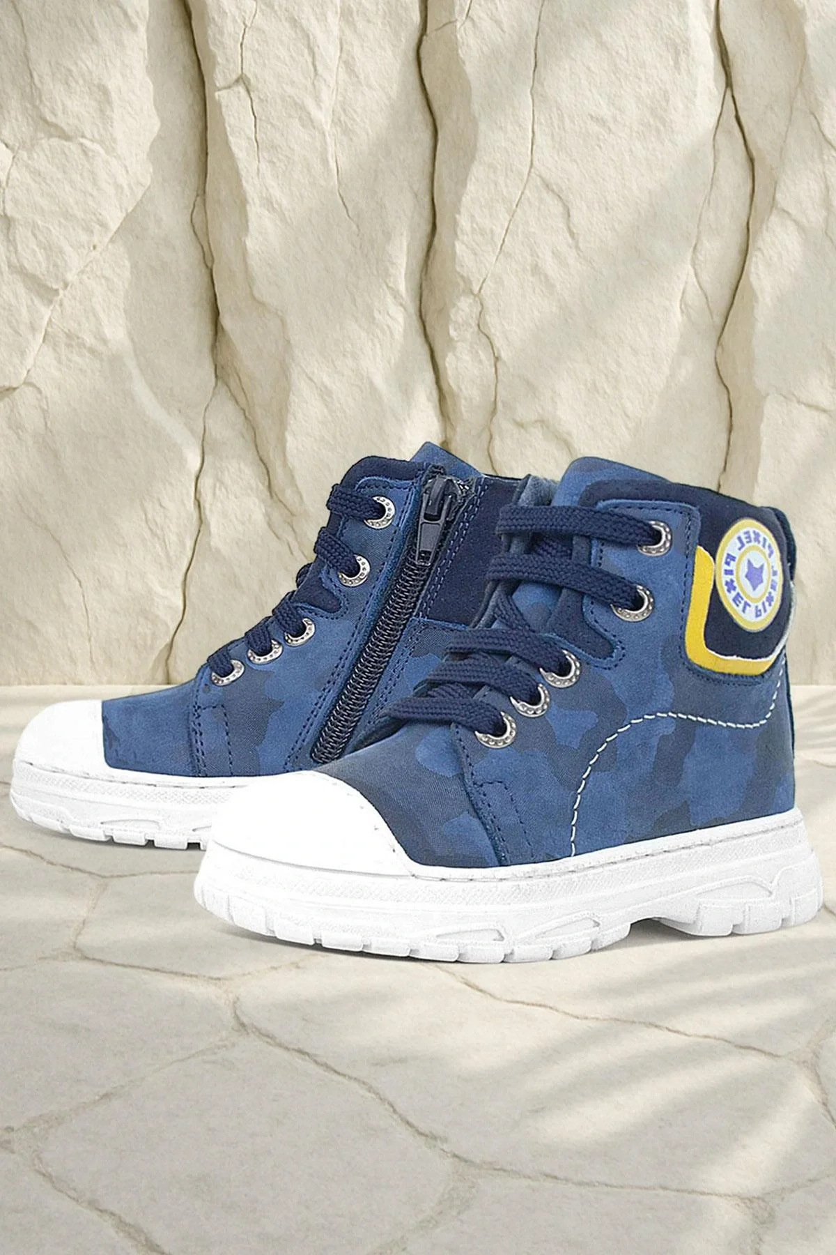 Hakiki Deri Pixel Lacivert Kamuflaj Desenli Kız Çocuk Bot