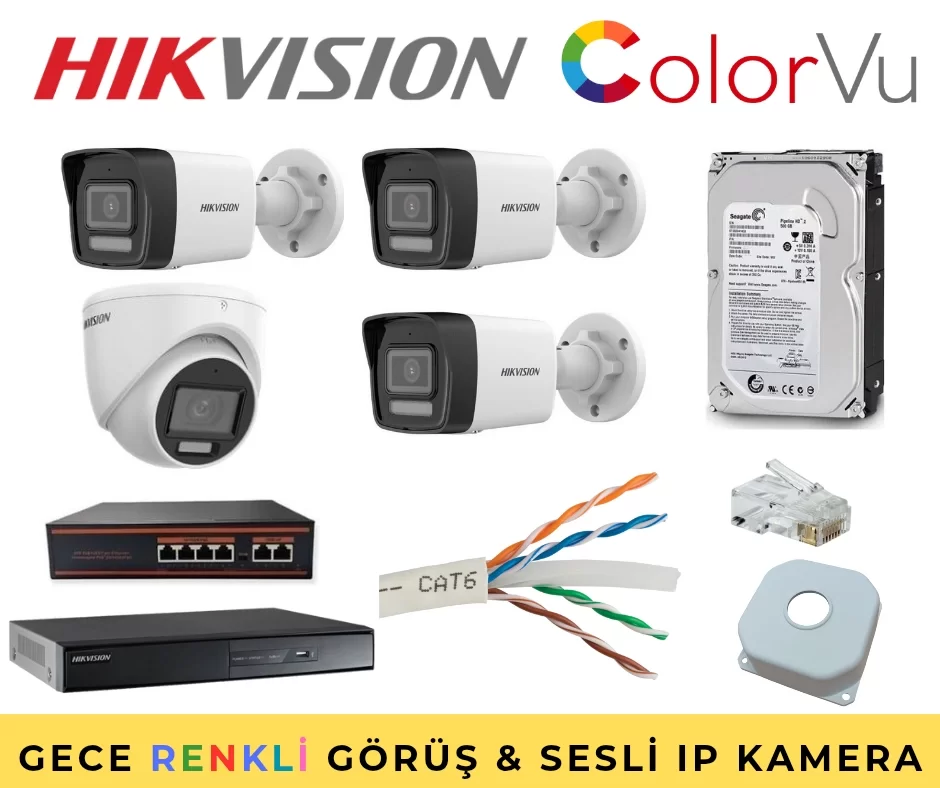 Hikvision 4’lü Sesli Gece Renkli IP Kamera Seti