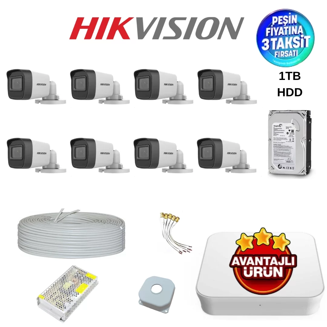 Hikvision 8 Kameralı Güvenlik Kamerası Full Tak Çalıştır Set (1TB Harddisc)