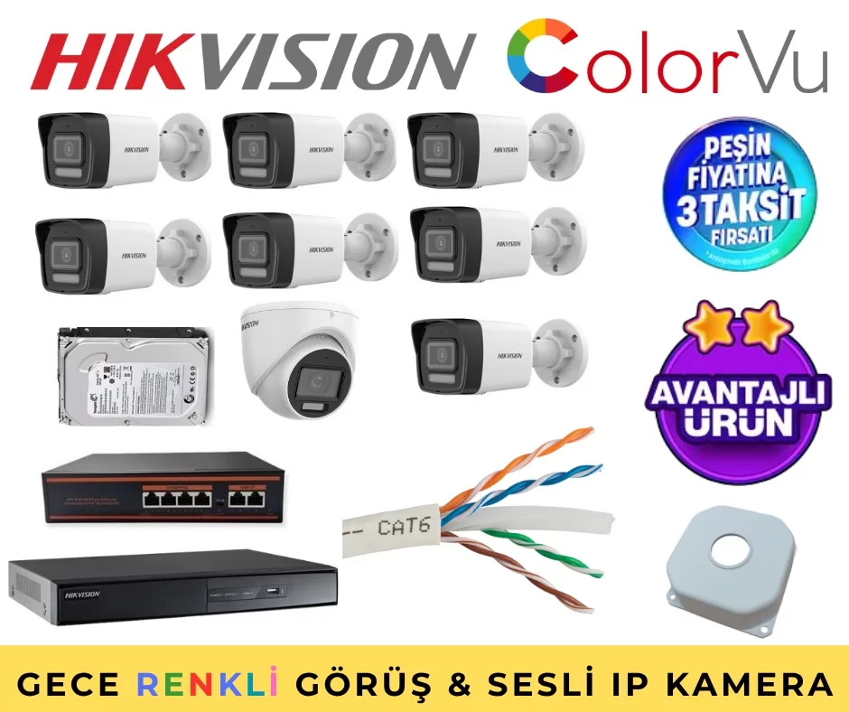 Hikvision 8’li IP Sesli Gece Renkli Set TAK ÇALIŞTIR