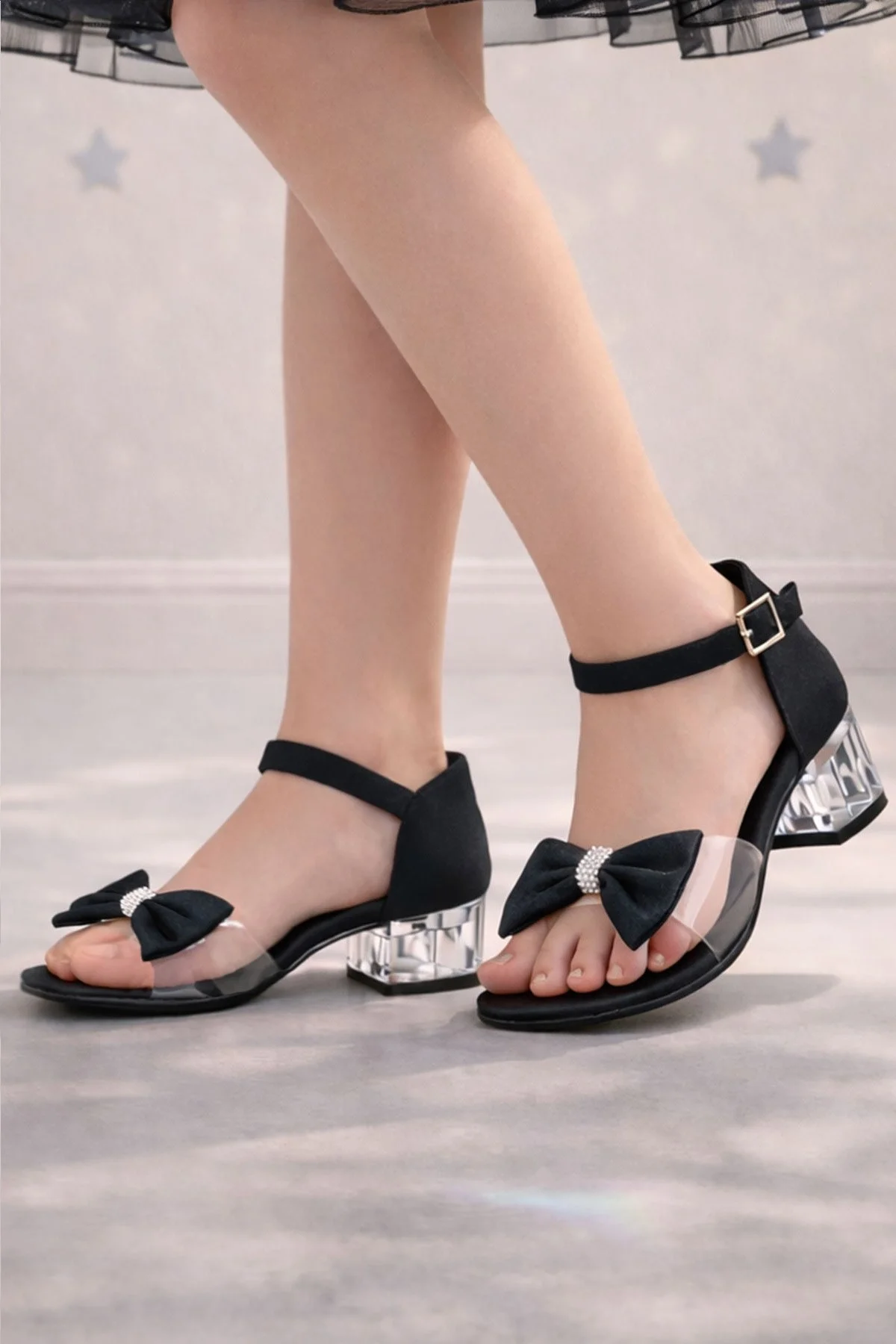 Jessie Siyah Saten Kurdeleli Kız Çocuk Topuklu Ayakkabı