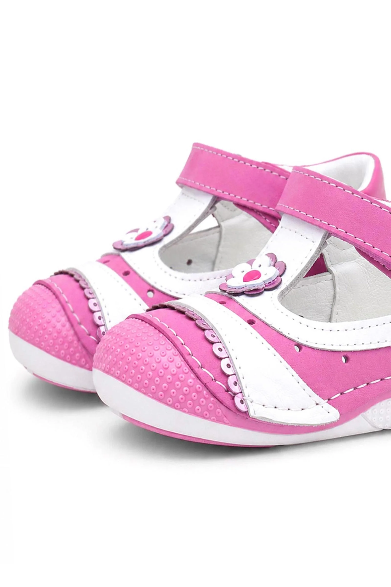 Pembe Pullu Hakiki Deri Cırtlı Yazlık Kız Bebek Ayakkabı