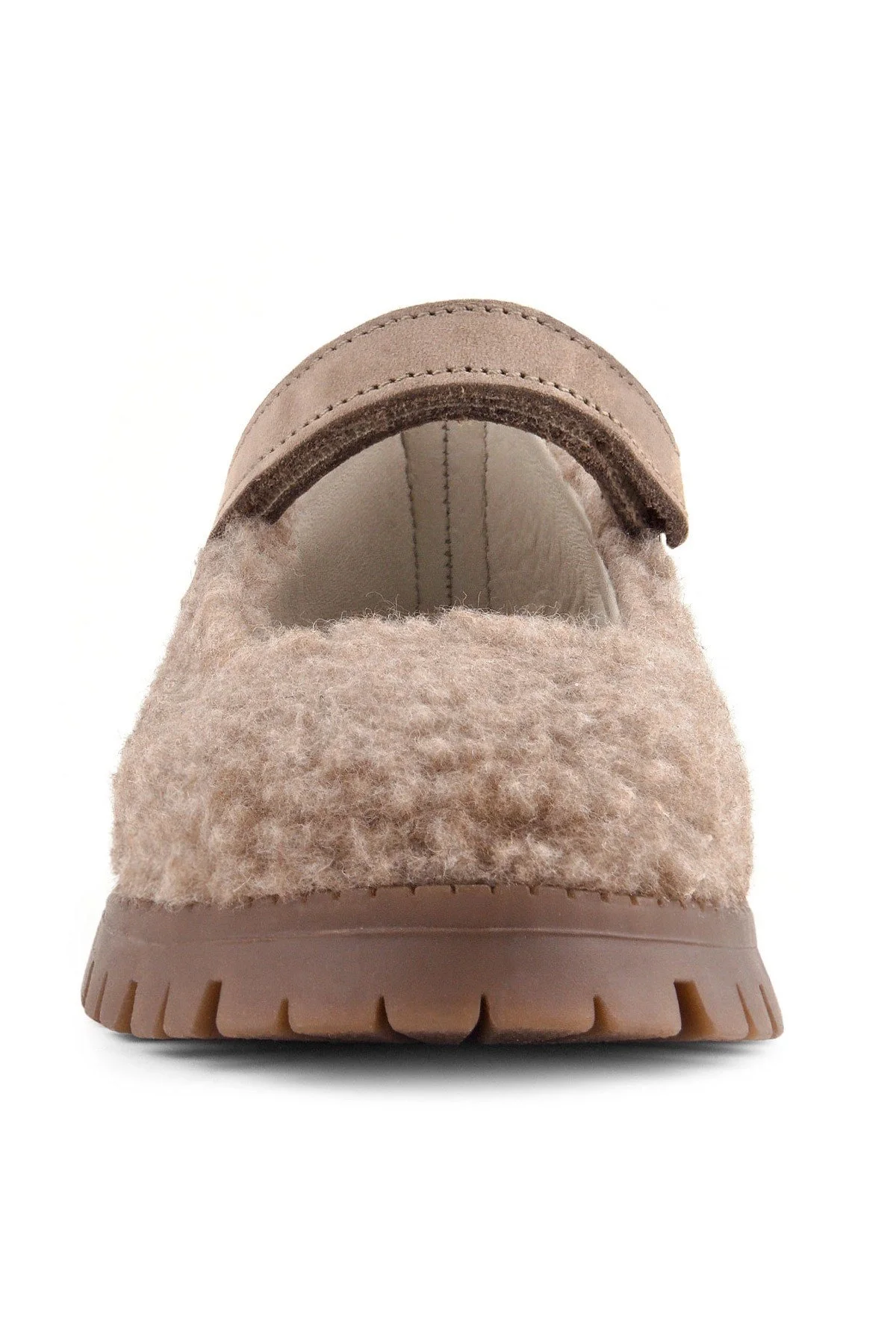 Rakerplus Bej Cırtlı Kalın Tabanlı Kız Çocuk Pofuduk Peluş Babet Ayakkabısı