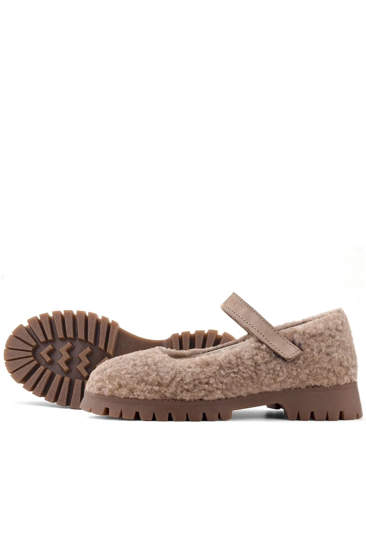 Rakerplus Bej Cırtlı Kalın Tabanlı Kız Çocuk Pofuduk Peluş Babet Ayakkabısı