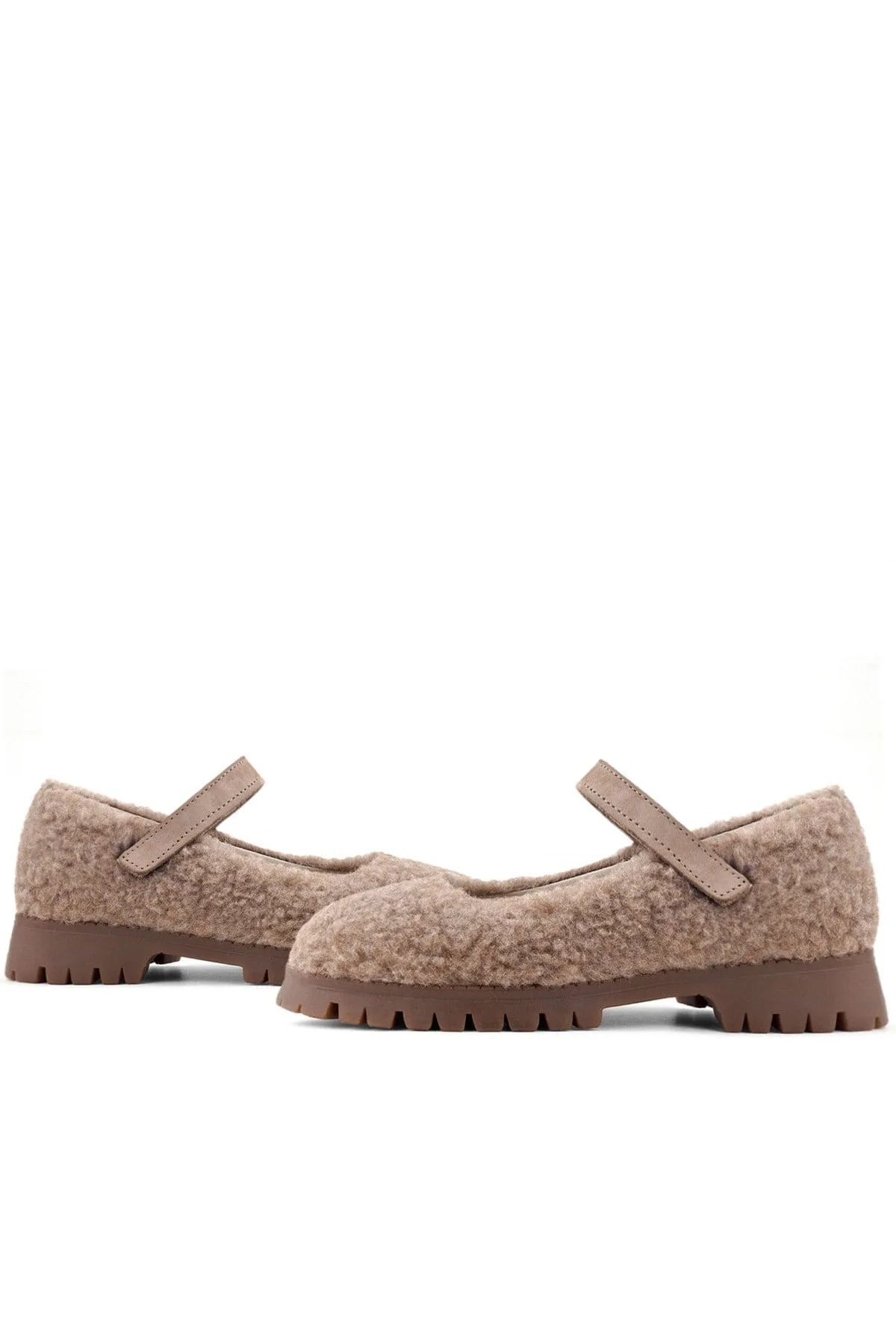 Rakerplus Bej Cırtlı Kalın Tabanlı Kız Çocuk Pofuduk Peluş Babet Ayakkabısı