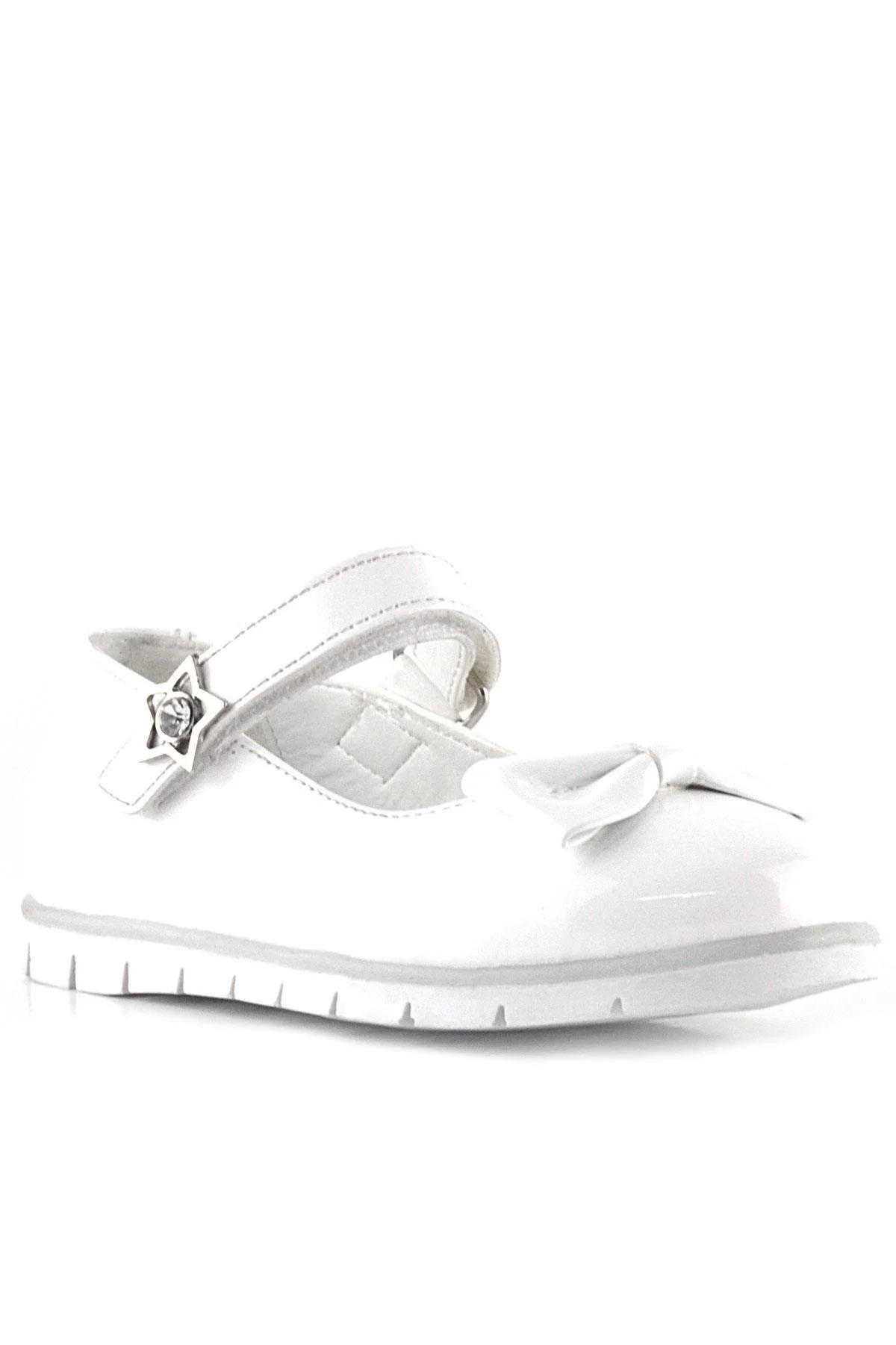 Rakerplus Beyaz Rugan Fiyonklu Yıldız Detaylı Cırtlı Kız Çocuk Babet