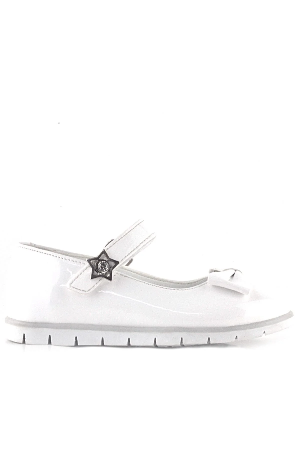 Rakerplus Beyaz Rugan Fiyonklu Yıldız Detaylı Cırtlı Kız Çocuk Babet