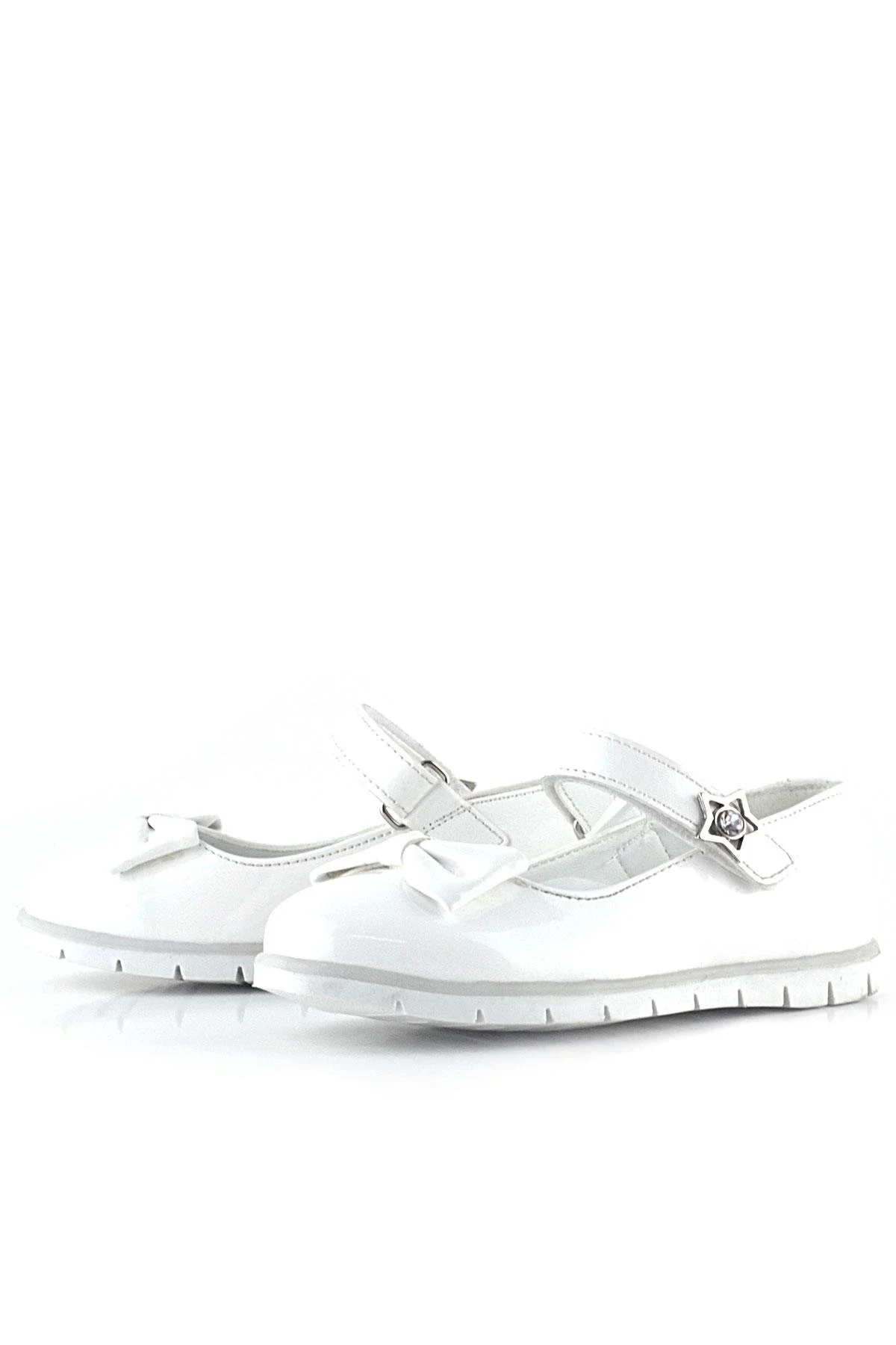 Rakerplus Beyaz Rugan Fiyonklu Yıldız Detaylı Cırtlı Kız Çocuk Babet