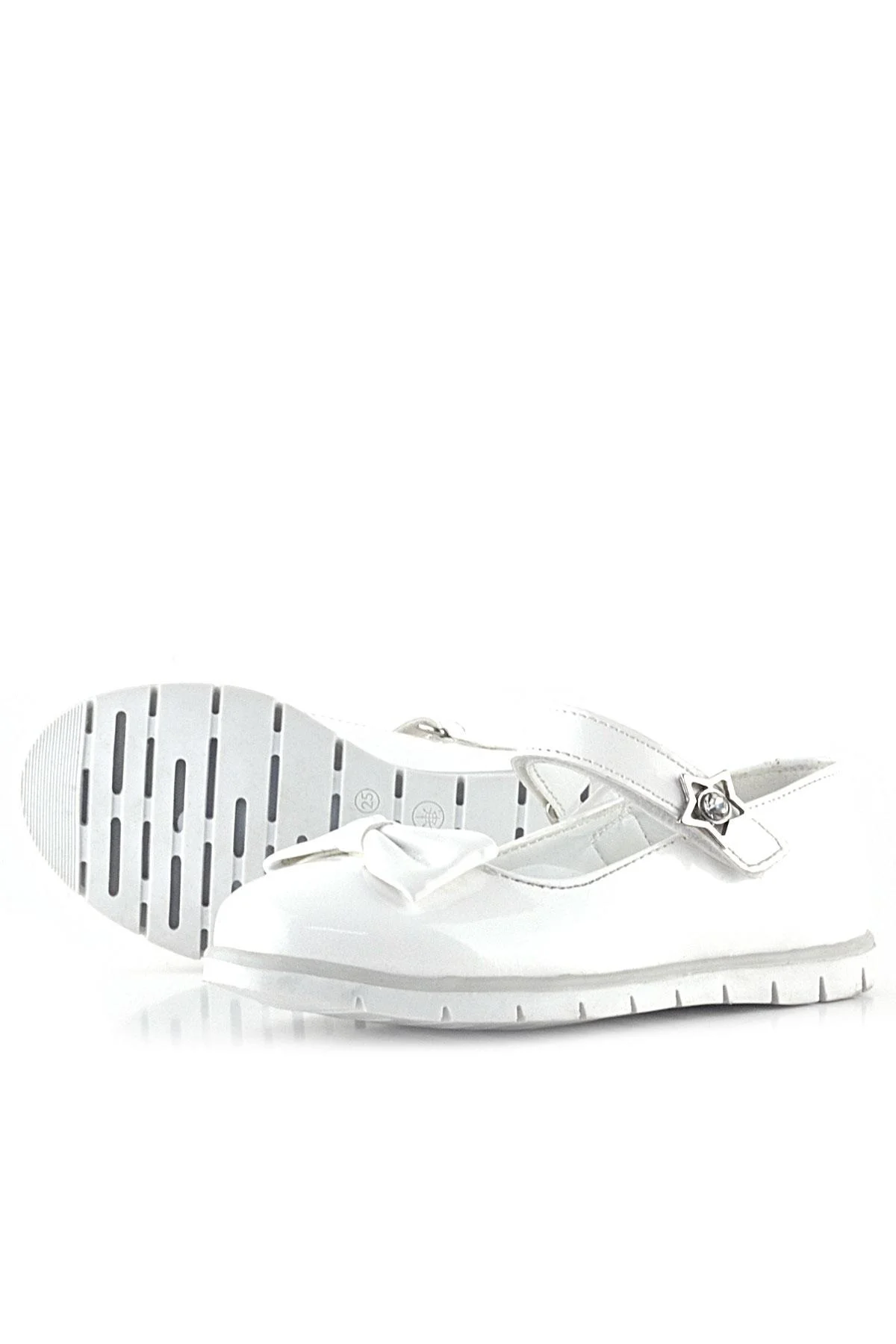 Rakerplus Beyaz Rugan Fiyonklu Yıldız Detaylı Cırtlı Kız Çocuk Babet