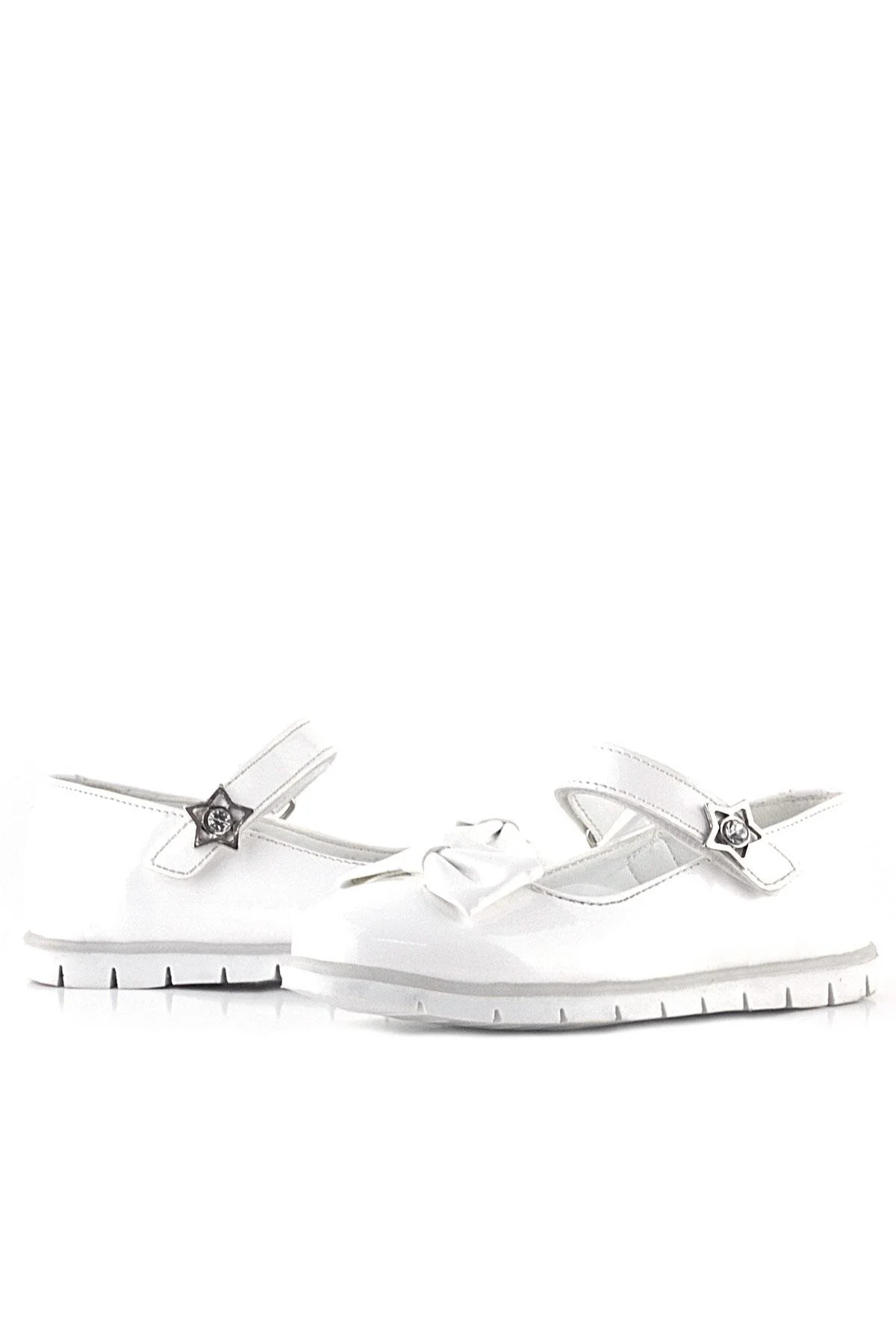 Rakerplus Beyaz Rugan Fiyonklu Yıldız Detaylı Cırtlı Kız Çocuk Babet