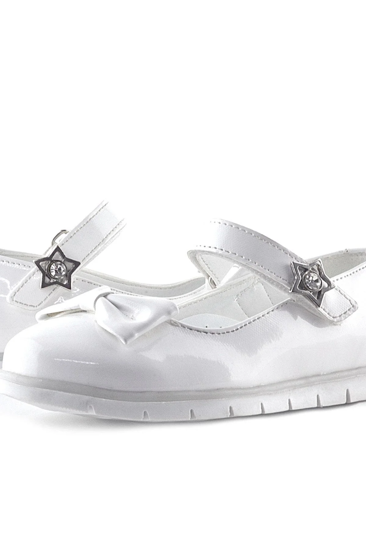 Rakerplus Beyaz Rugan Fiyonklu Yıldız Detaylı Cırtlı Kız Çocuk Babet