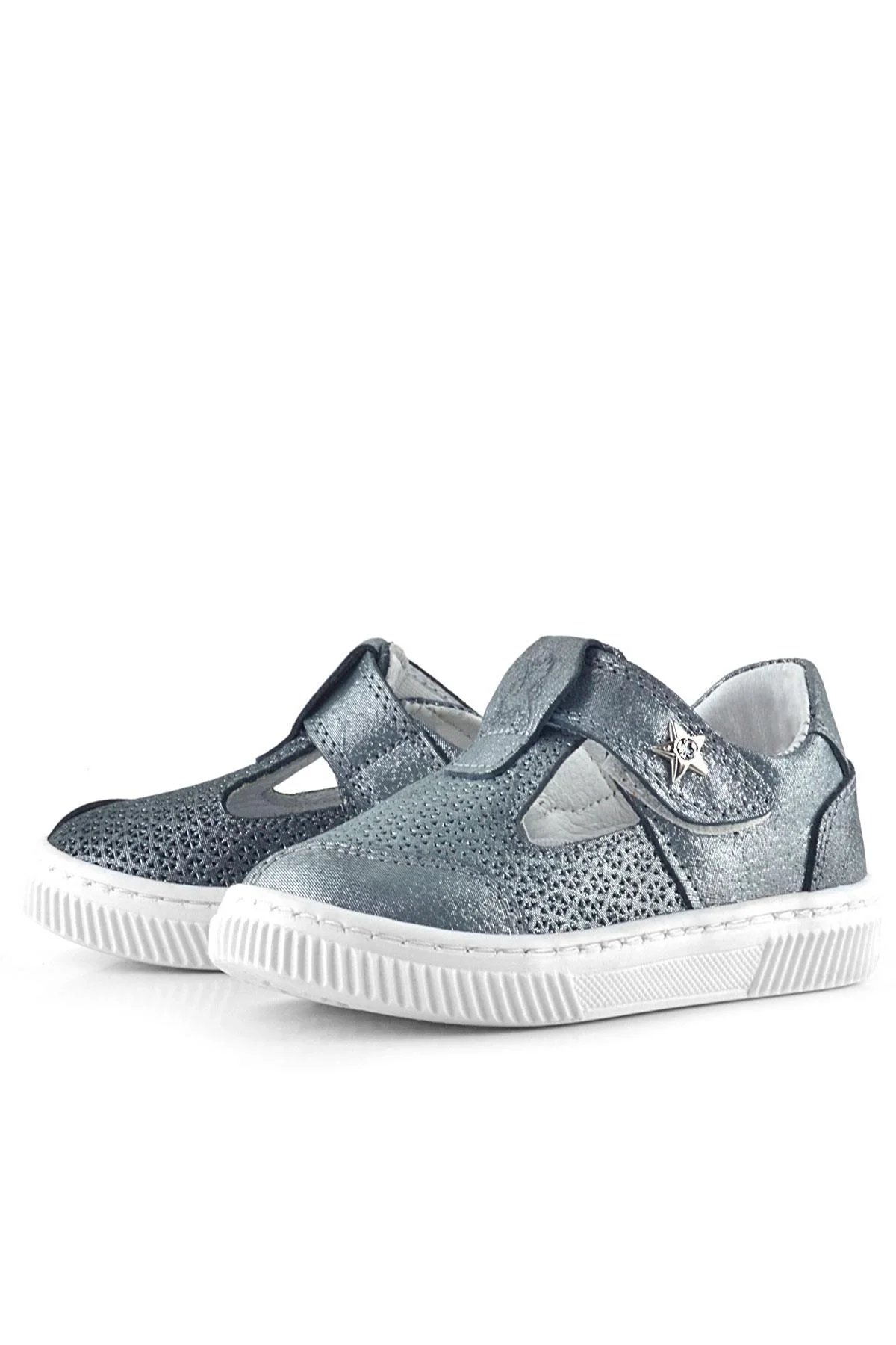 Rakerplus Bheem Hakiki Deri Gümüş Simli Cırtlı Yıldız Detaylı Bebek Sandalet