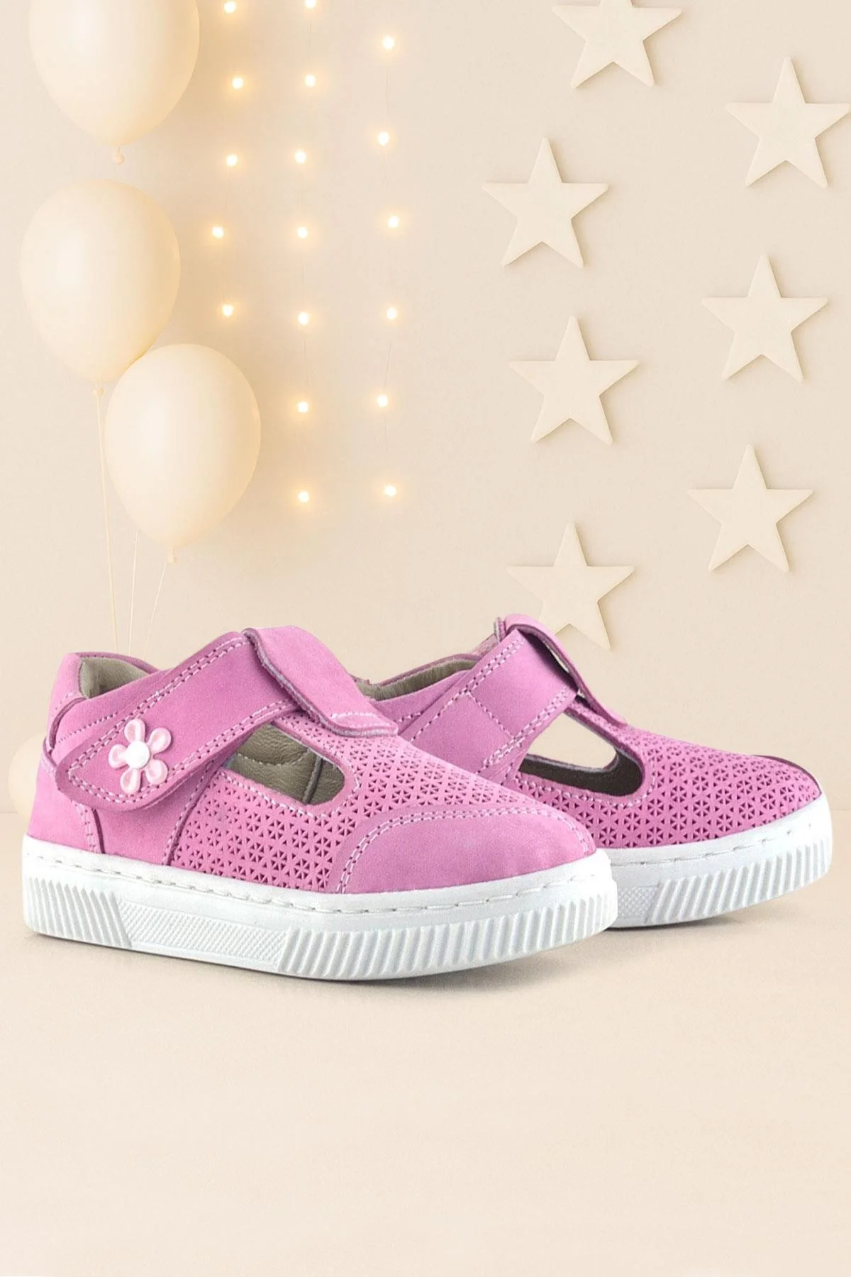 Rakerplus Bheem Hakiki Deri Pembe Cırtlı Çiçek Detaylı Bebek Sandalet