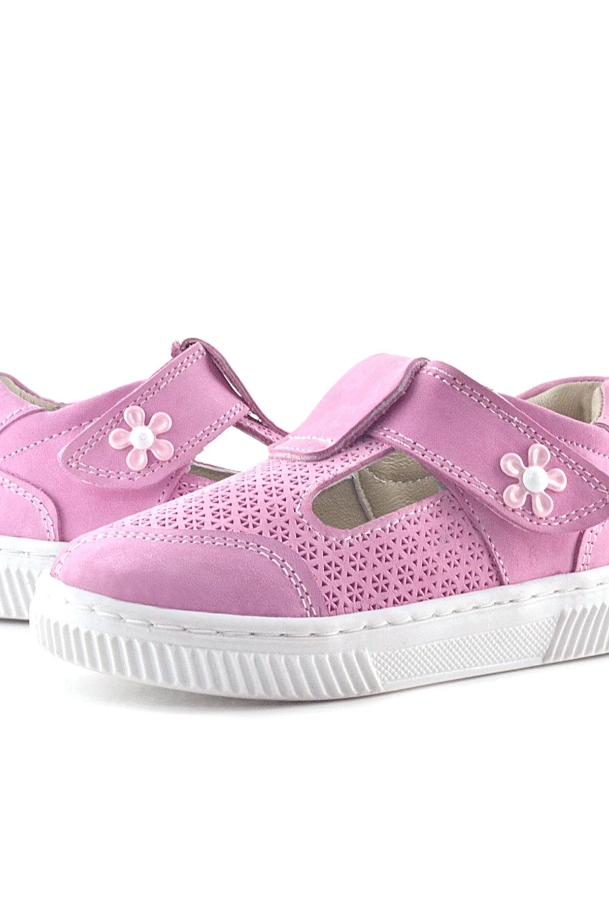 Rakerplus Bheem Hakiki Deri Pembe Cırtlı Çiçek Detaylı Bebek Sandalet