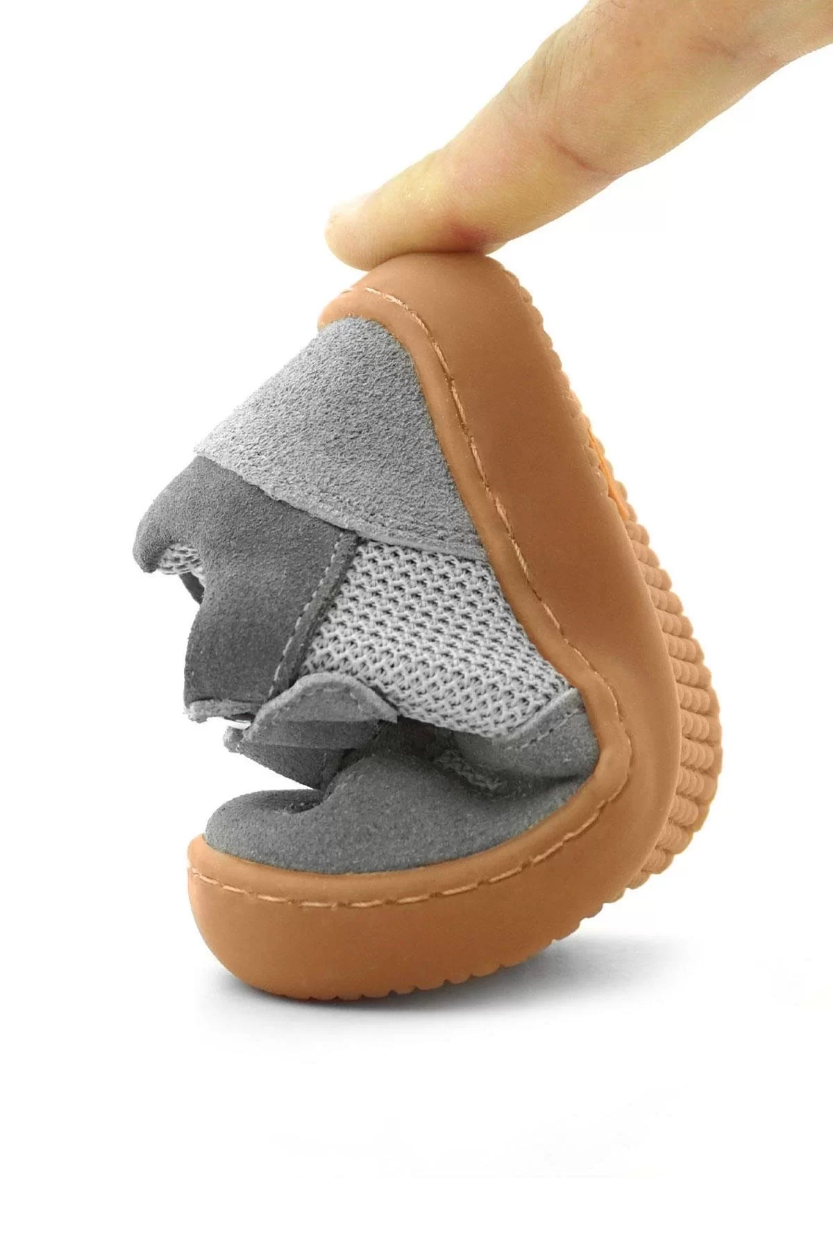 Rakerplus Bob Hakiki Deri Gri Barefoot Cırtlı Lastikli Bebek Sneaker Ayakkabı