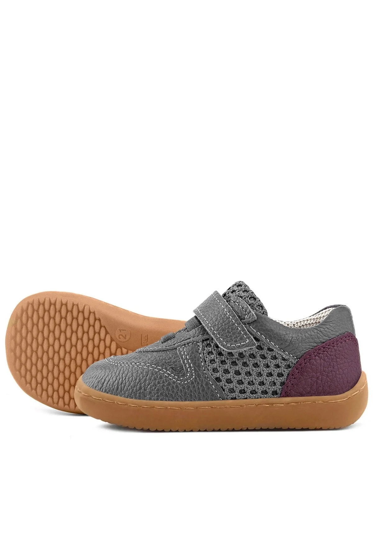 Rakerplus Bob Hakiki Deri Gri Bordo Barefoot Cırtlı Lastikli Bebek Sneaker Ayakkabı