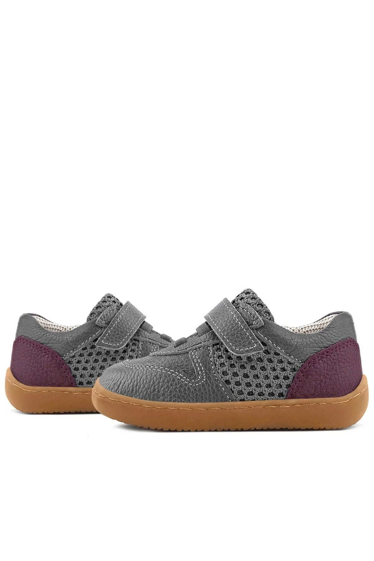 Rakerplus Bob Hakiki Deri Gri Bordo Barefoot Cırtlı Lastikli Bebek Sneaker Ayakkabı