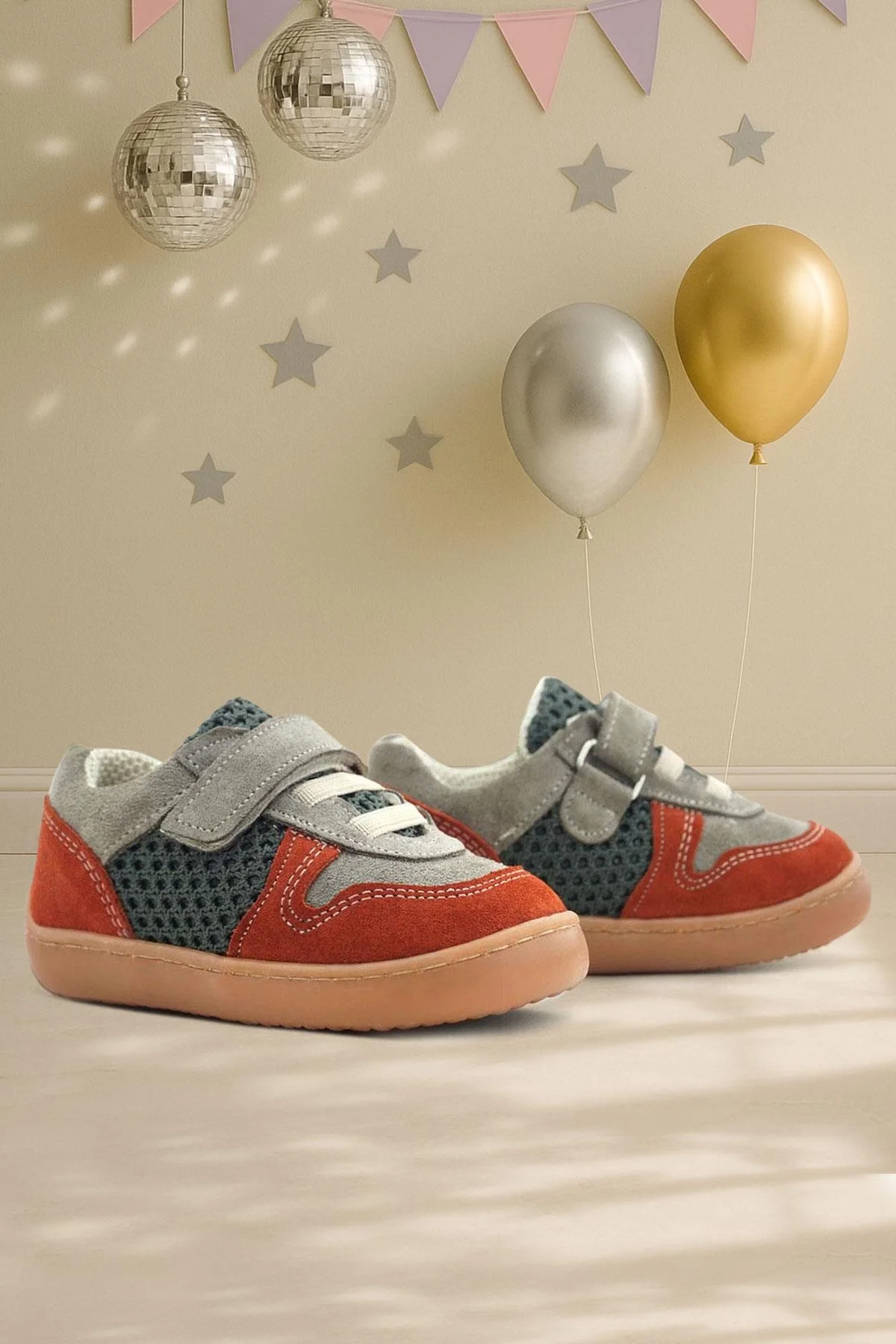 Rakerplus Bob Hakiki Deri Gri Yeşil Barefoot Cırtlı Lastikli Bebek Sneaker Ayakkabı