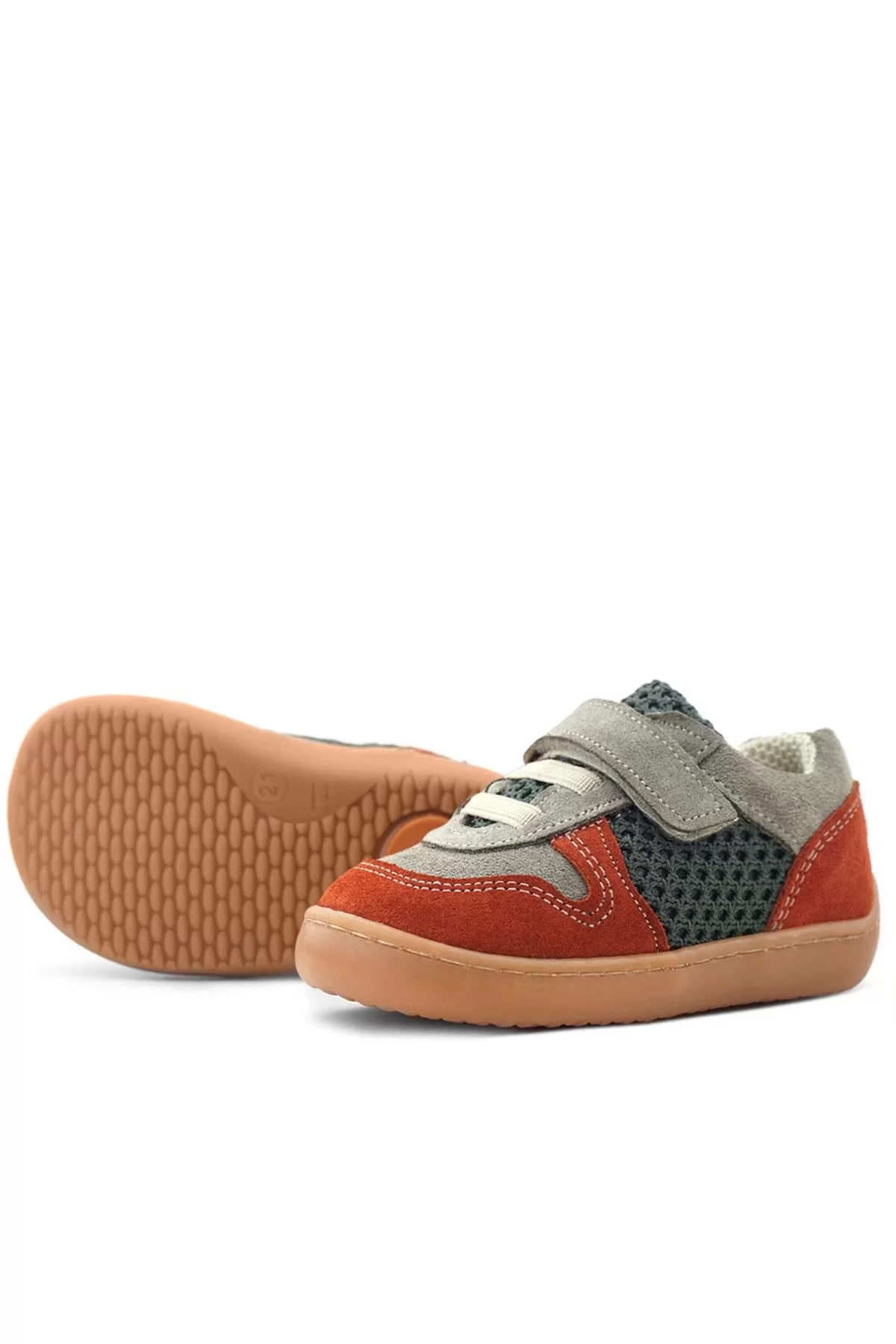 Rakerplus Bob Hakiki Deri Gri Yeşil Barefoot Cırtlı Lastikli Bebek Sneaker Ayakkabı