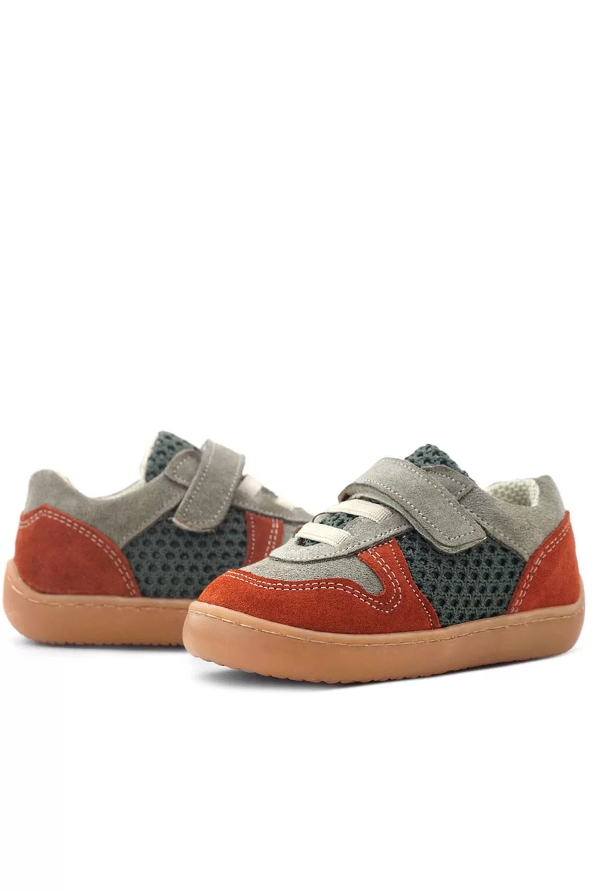 Rakerplus Bob Hakiki Deri Gri Yeşil Barefoot Cırtlı Lastikli Bebek Sneaker Ayakkabı