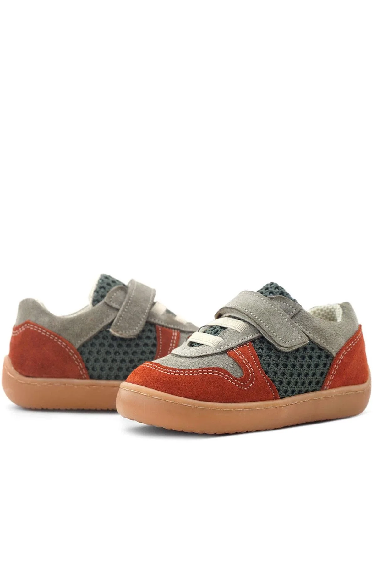 Rakerplus Bob Hakiki Deri Gri Yeşil Barefoot Cırtlı Lastikli Bebek Sneaker Ayakkabı