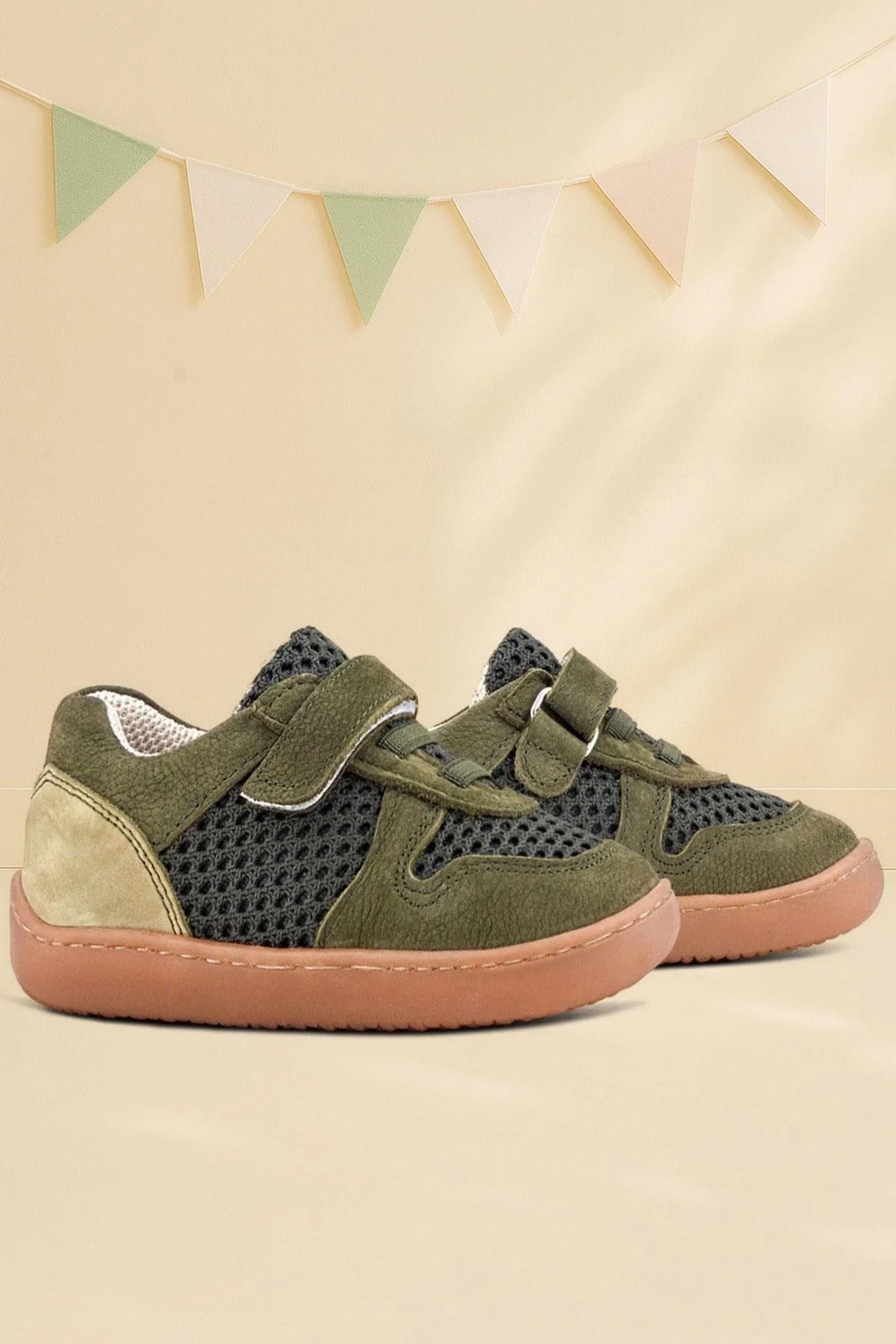 Rakerplus Bob Hakiki Deri Haki Yeşil Barefoot Cırtlı Lastikli Bebek Sneaker Ayakkabı