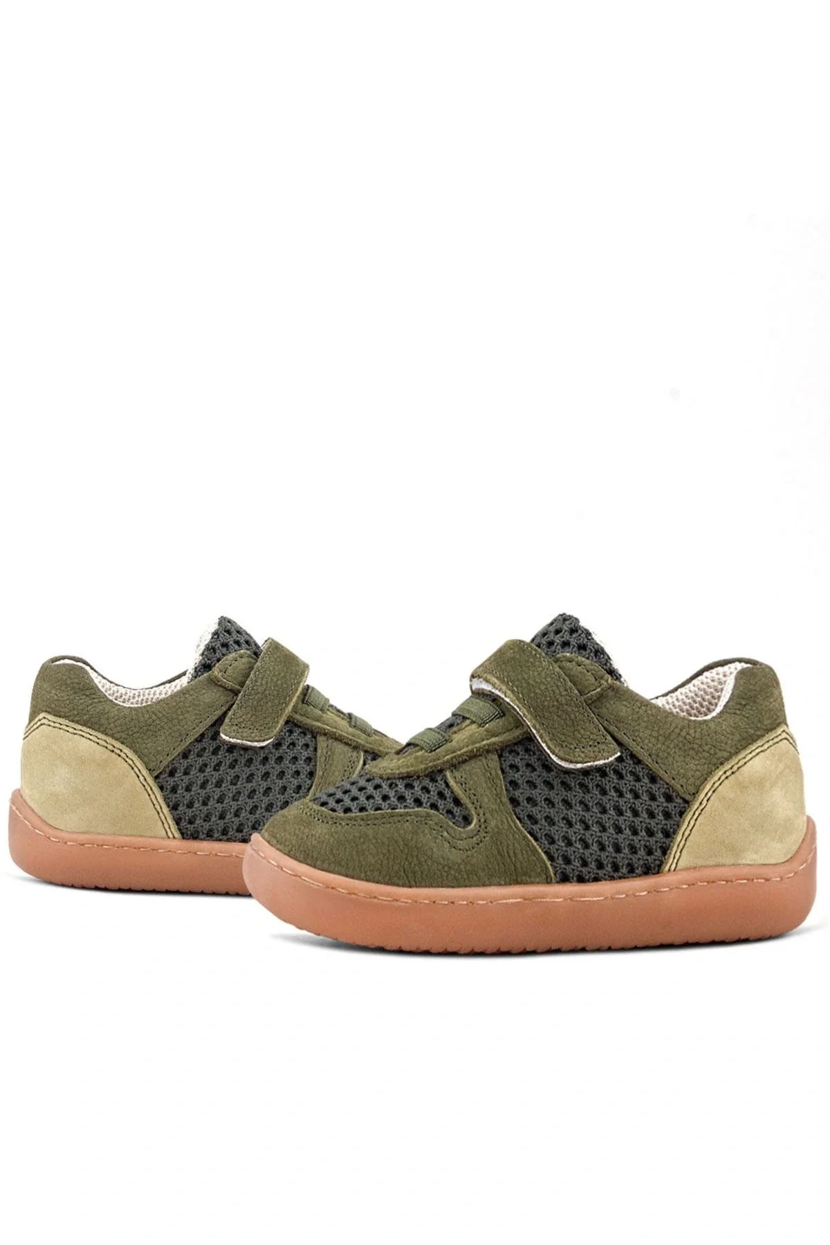 Rakerplus Bob Hakiki Deri Haki Yeşil Barefoot Cırtlı Lastikli Bebek Sneaker Ayakkabı